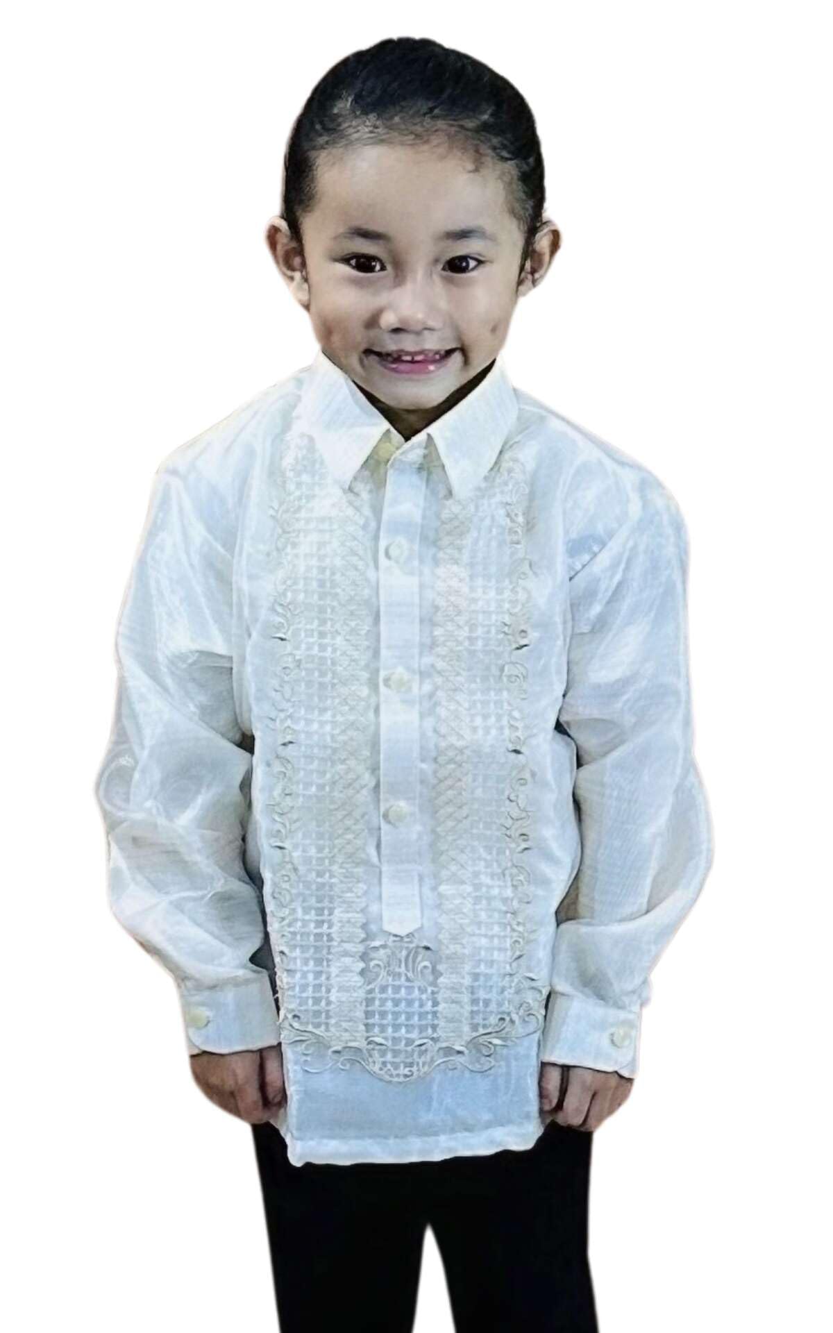 Kids Barong Tagalog - Handmade Filipino Formal Shirt, Ivory White Organza, Long Sleeve, US Size