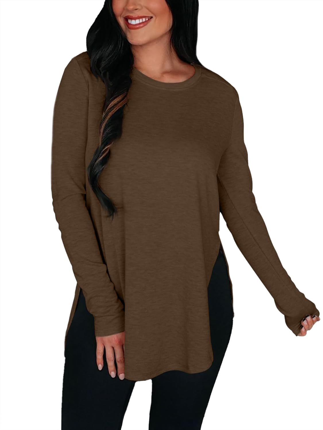 BZB Womens Long Sleeve Tunic Tops Fall Casual Crew Neck Side Split Hi-Low Hem Loose Shirts To Wear With Leggings - Image 4
