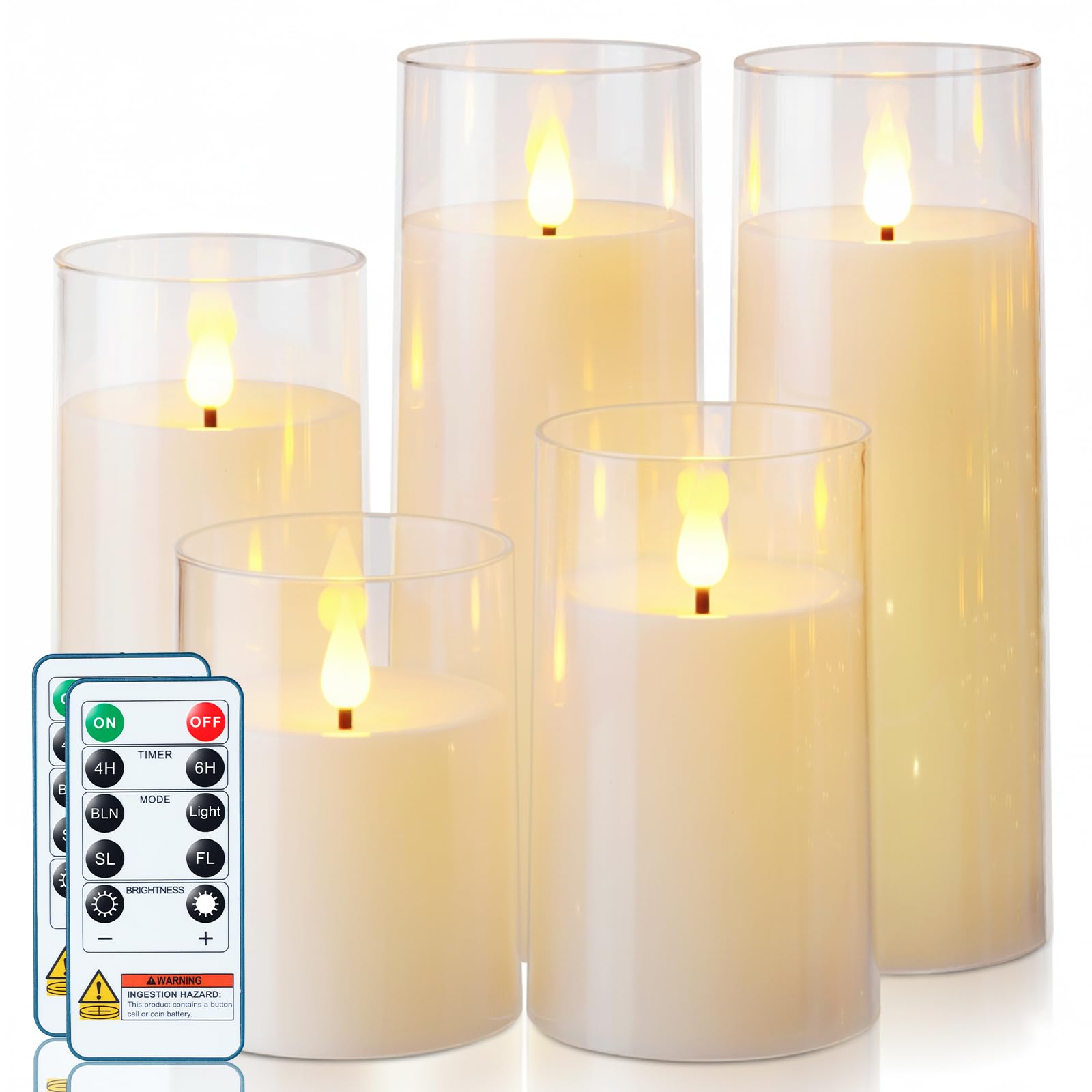 Photo 1 of Homemory Ivory White Flickering Flameless Candles, Battery Operated Acrylic LED Pillar Candles with Remote Control and Timer, Set of 5