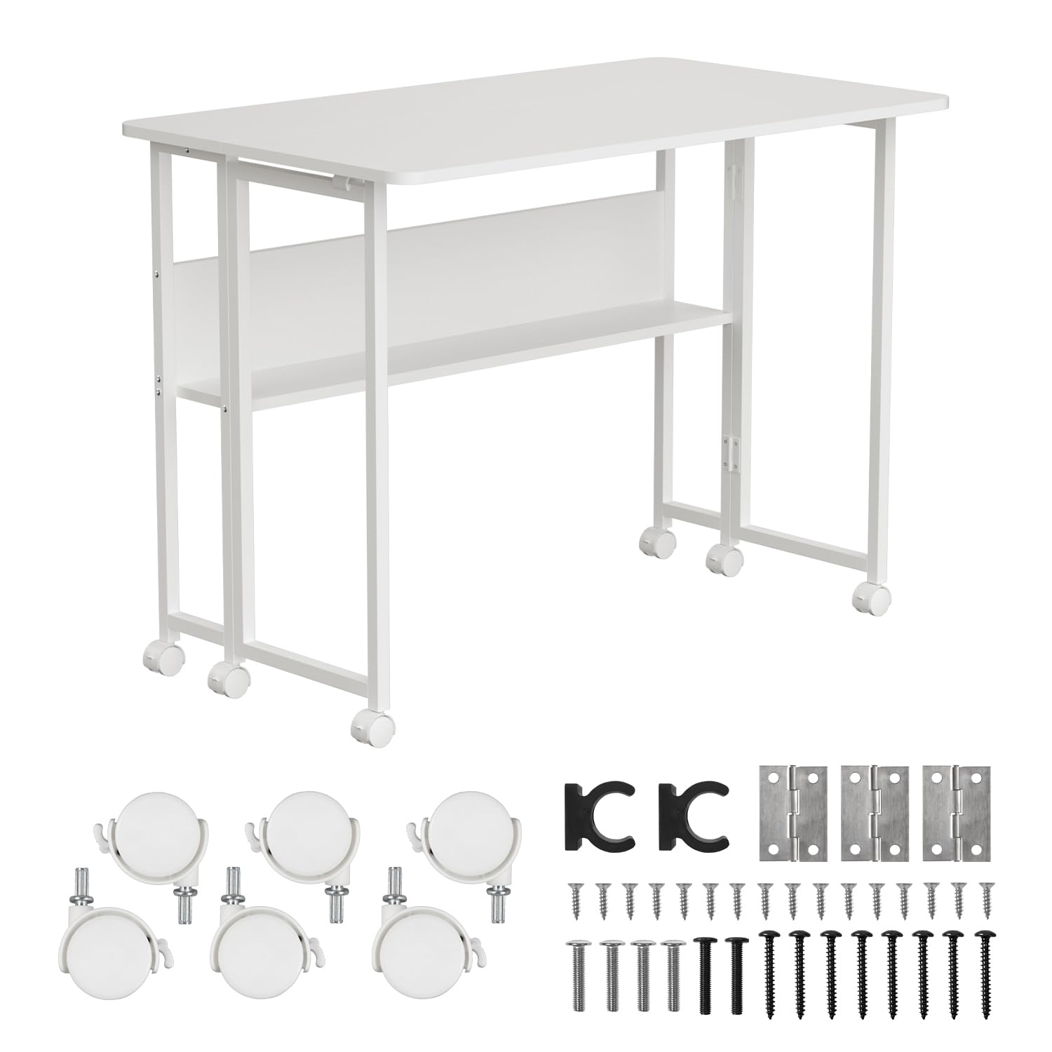 Maclean MC-126 W Folding Mobile Desk White 100x58 cm with shelf Steel frame 50 kg load capacity