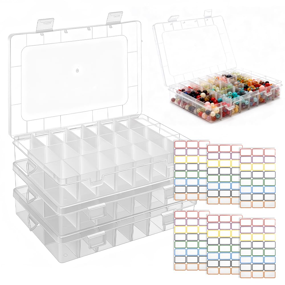 Caja Organizadora Plastico Transparente 24 Compartimientos Ajustables Apilable con Tapa para Joyas Tornillos Cuentas