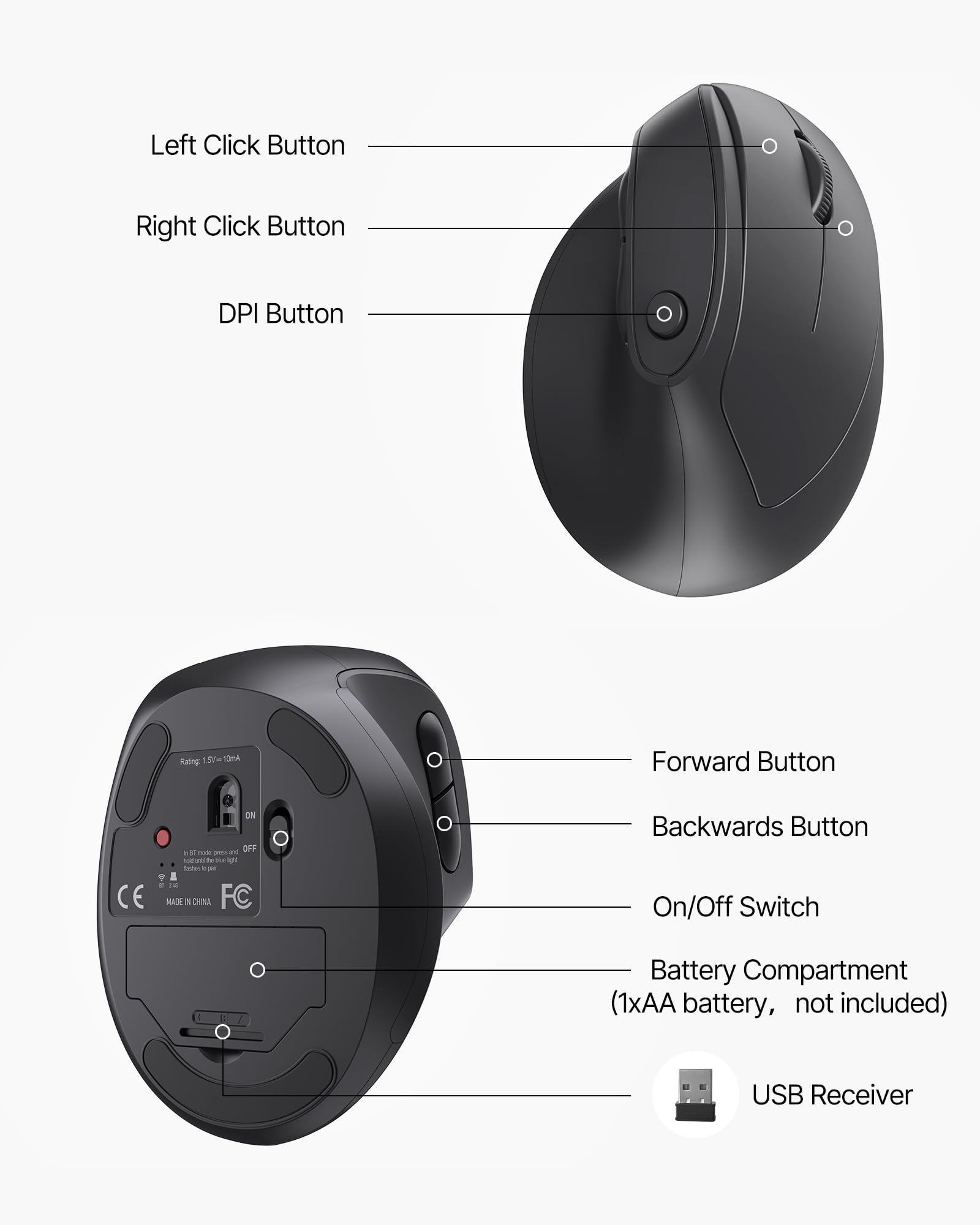 Mouse ergonomico, mouse verticale wireless Bluetooth con doppia connessione (Bluetooth 5.0 e USB-A), mouse ergonomico silenzioso per Windows Mac iPad OS, PC portatile, nero
