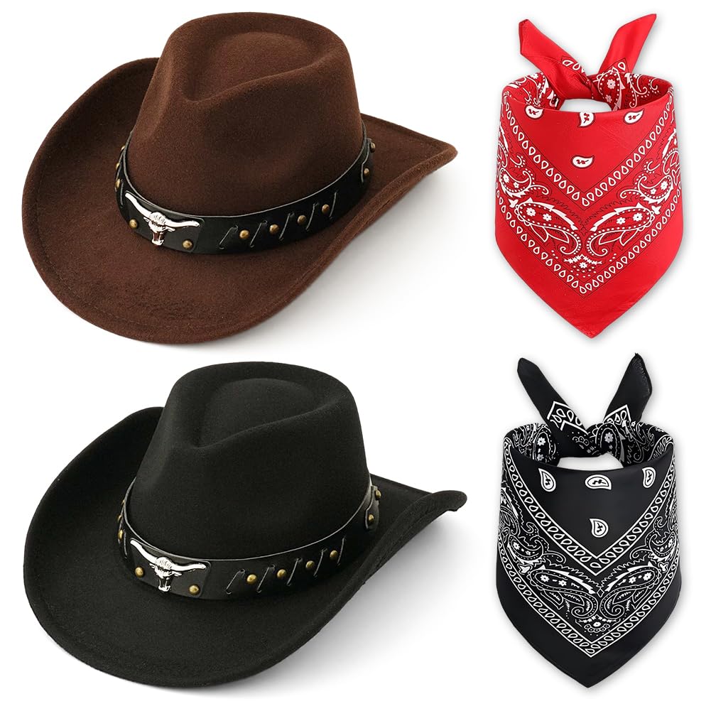 FCXVXCL Cowboy Hat For Women & Men 4 Pcs Hats & Bandanas Western Fancy Accessory Wide Brim Set For Cowgirl Theme Party Halloween Bachelorette Party Accessories One Size