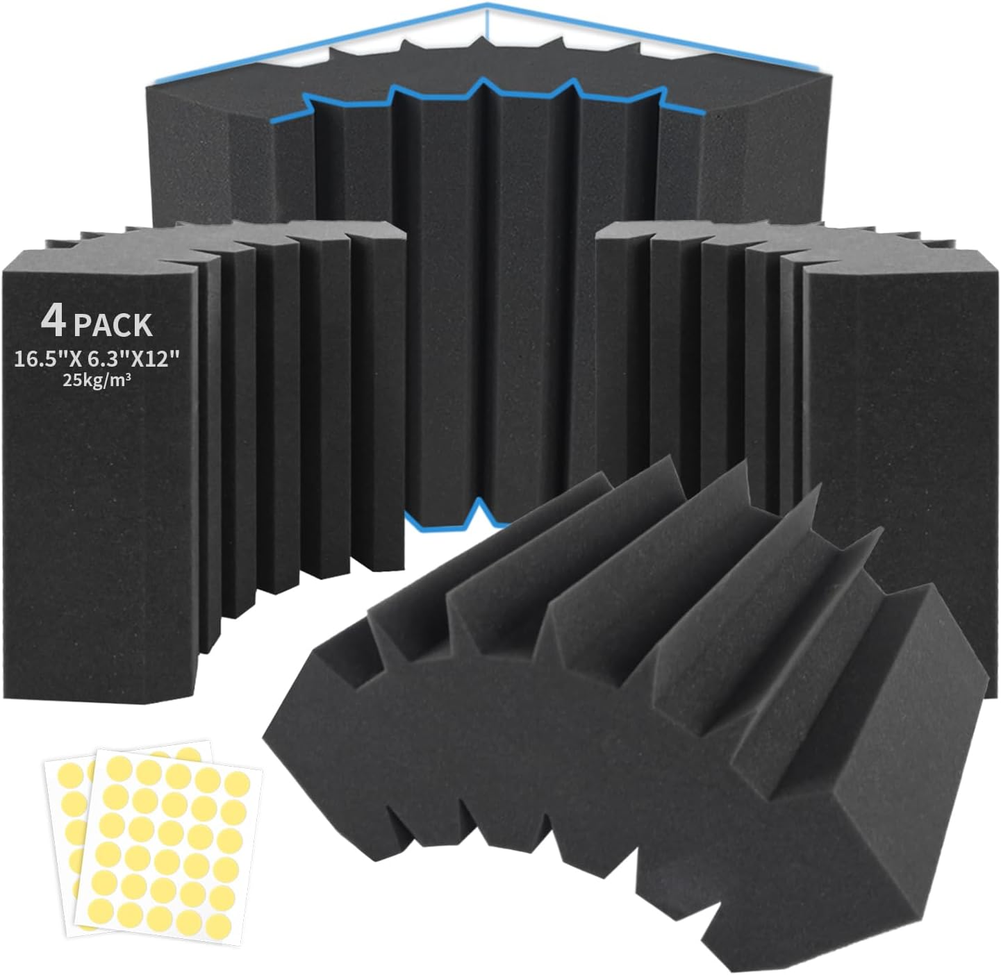 4 Pack Bass Traps Corner Acoustic Foam Corner 16.5" X 6.3" X 12" Acoustic Foam Panels Soundproof Padding Wall Panel Corner Block for Home Studio and Theater 4 Pack-Bass Traps