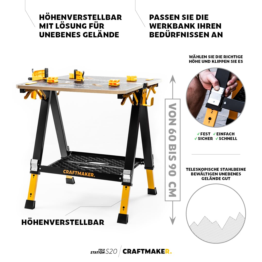 Klappbare Werkbank mit Arbeitsbockfunktion, höhenverstellbare Stahlkonstruktion, geeignet für schwere Arbeiten, inklusive Zubehör