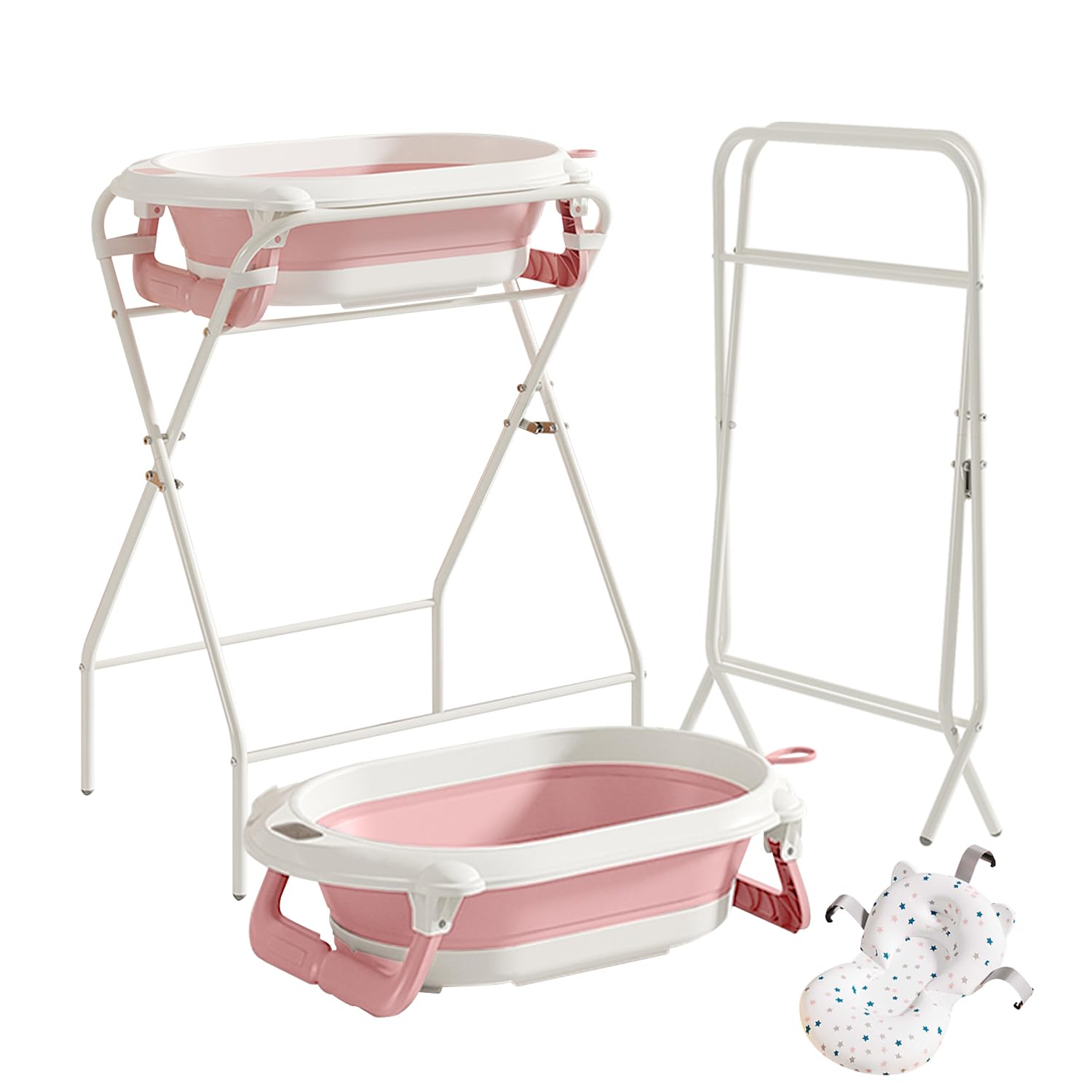 UBRAVOO Baby Bath with Stand, Baby Bathtub Foldable with Thermometer and Bath Pillow, Ergonomic Cushion and Drain Hose, Durable & Easy to Store, Best for Newborns & Babies Up to 12 Months (Pink)