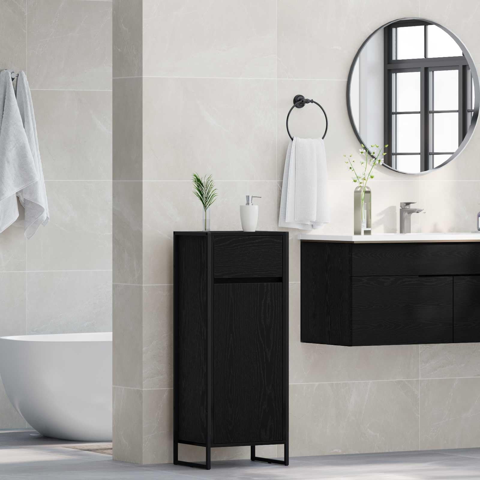 Meuble de Salle de Bain en Bois d'ingénierie Chêne Noir 40 x 30 x 100 cm avec tiroir, Support Suspendu, Rangement, Portes et étagères pour Salle d'eau Moderne