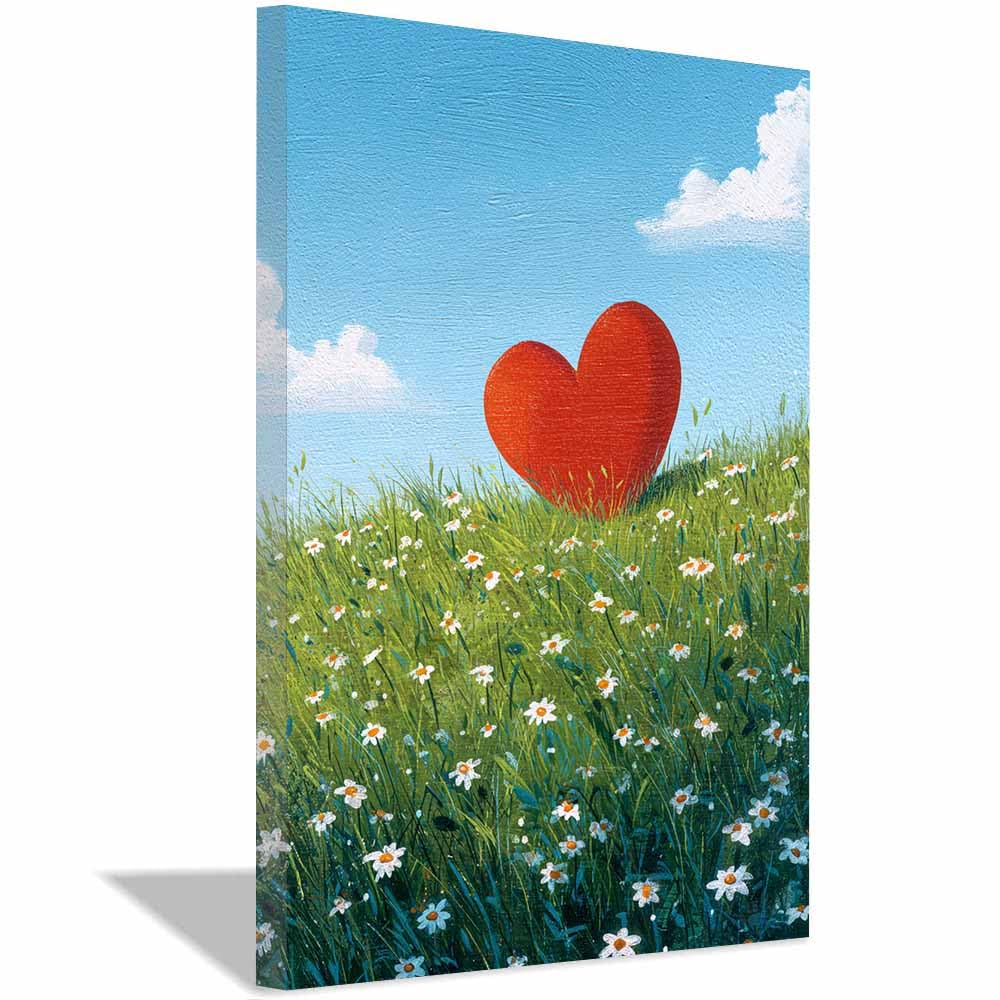 HUYEEI Kocham serce na płótnie serce w polu stokrotki plakat dekoracja ścienna obraz na płótnie malarstwo dekoracja ścienna salon sypialnia korytarz (czerwony)-40x60cm oprawione