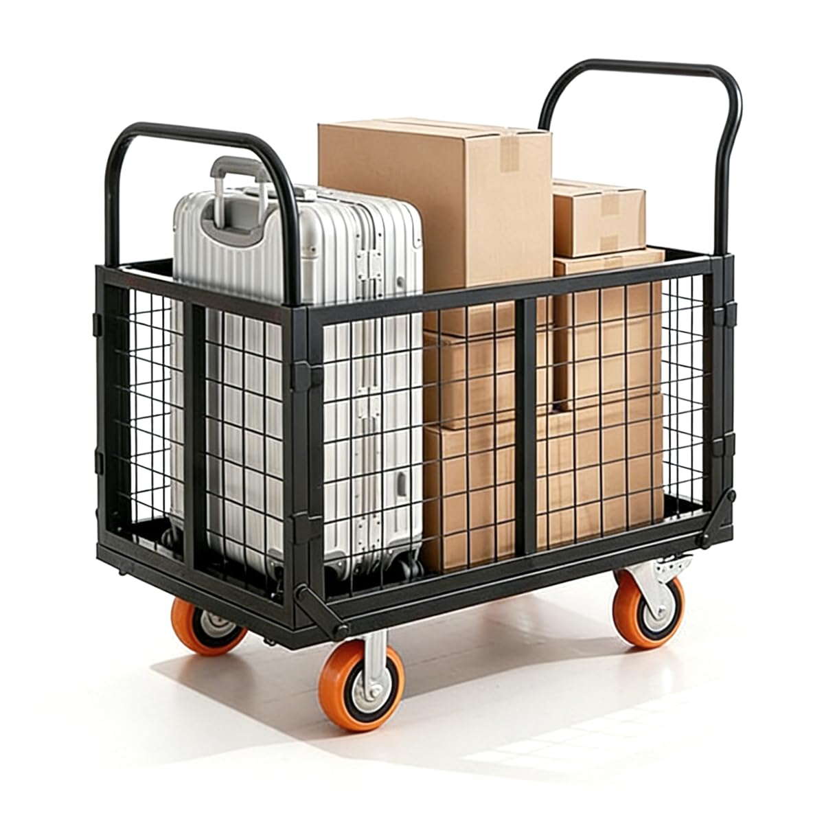 6-in-1 Platform Truck Cart with Cage, Foldable Hand Truck Load 1800 LBS with 4 Wheels Push Cart Dolly for Grocery, Laundry, Garage, Warehouse (Black+
