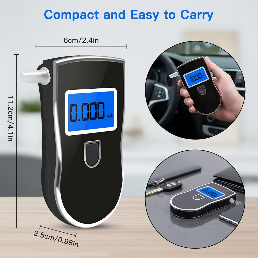 Alkoholtester Digital mit LCD Display, Tragbarer Atemalkoholtester mit Halbleiter-Sensor, Schnelles Alkoholmessgerät mit 20 Mundstücken, Kompakter Promille Tester für Zuhause und unterwegs