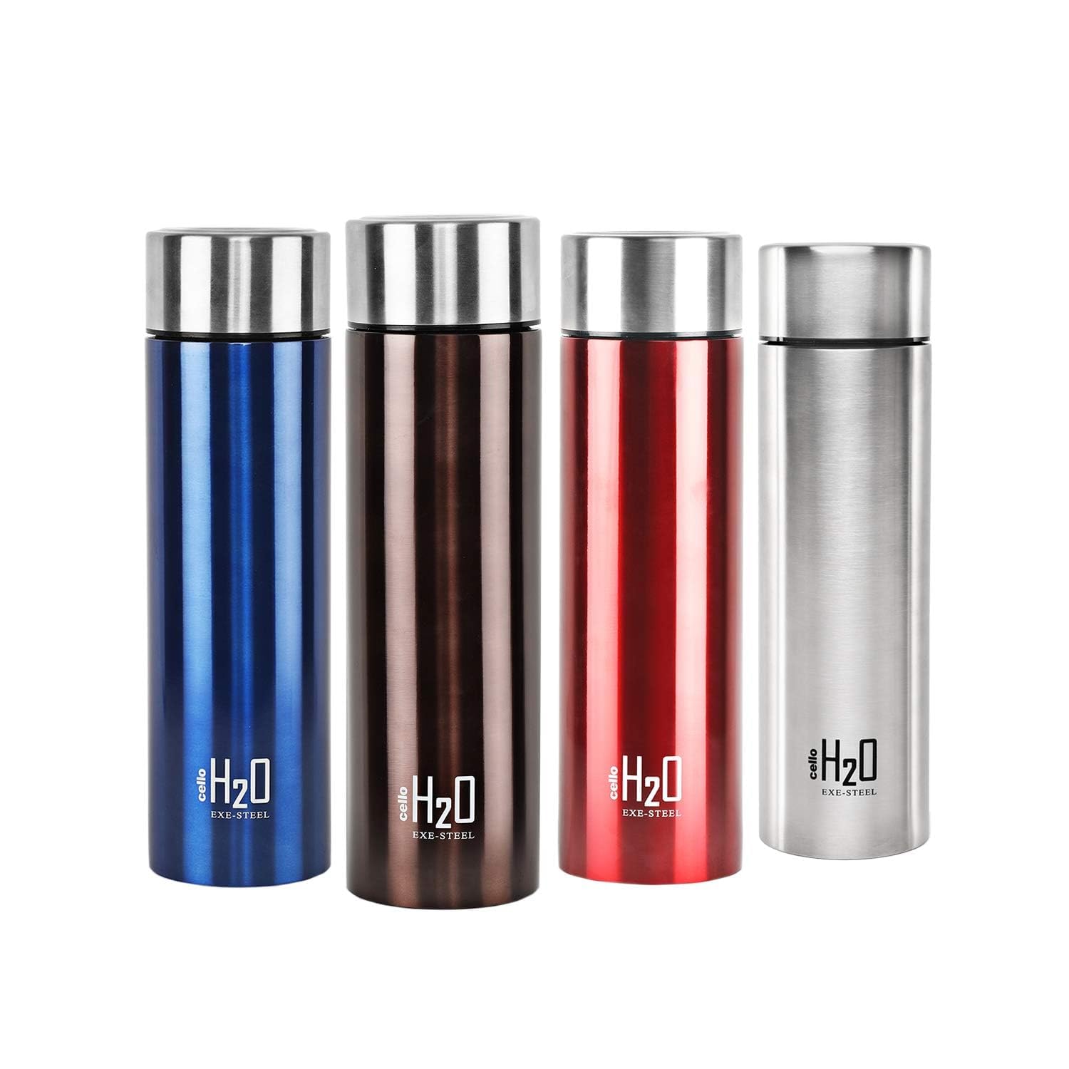 CELLO H2O Stainless Steel Water Bottle For Office & Daily Use Set of 4 Pcs, 1000ml Assorted | Single Wall Freezer & Fridge Safe Lightweight Leakproof Rustproof Steel Water Bottle For School Gym Travel