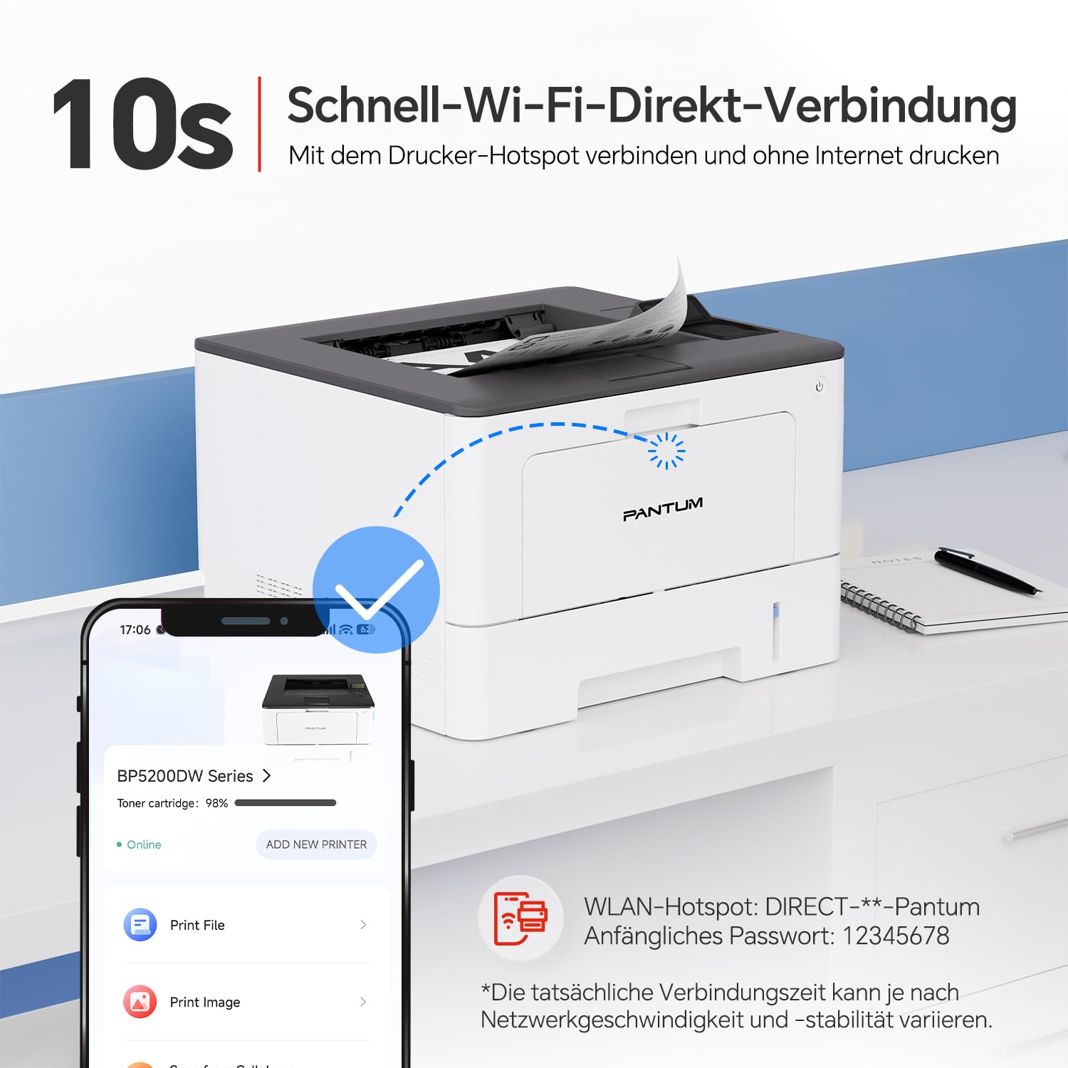 PANTUM BP5200DW Laserdrucker Schwarz Weiss, WLAN Drucker, Hohe Druckgeschwindigkeit 42 ppm, Automatischer Duplexdruck, USB, Ethernet, Airprint, A4, Inklusive 3000-Seiten-Starter-Tonerkartusche