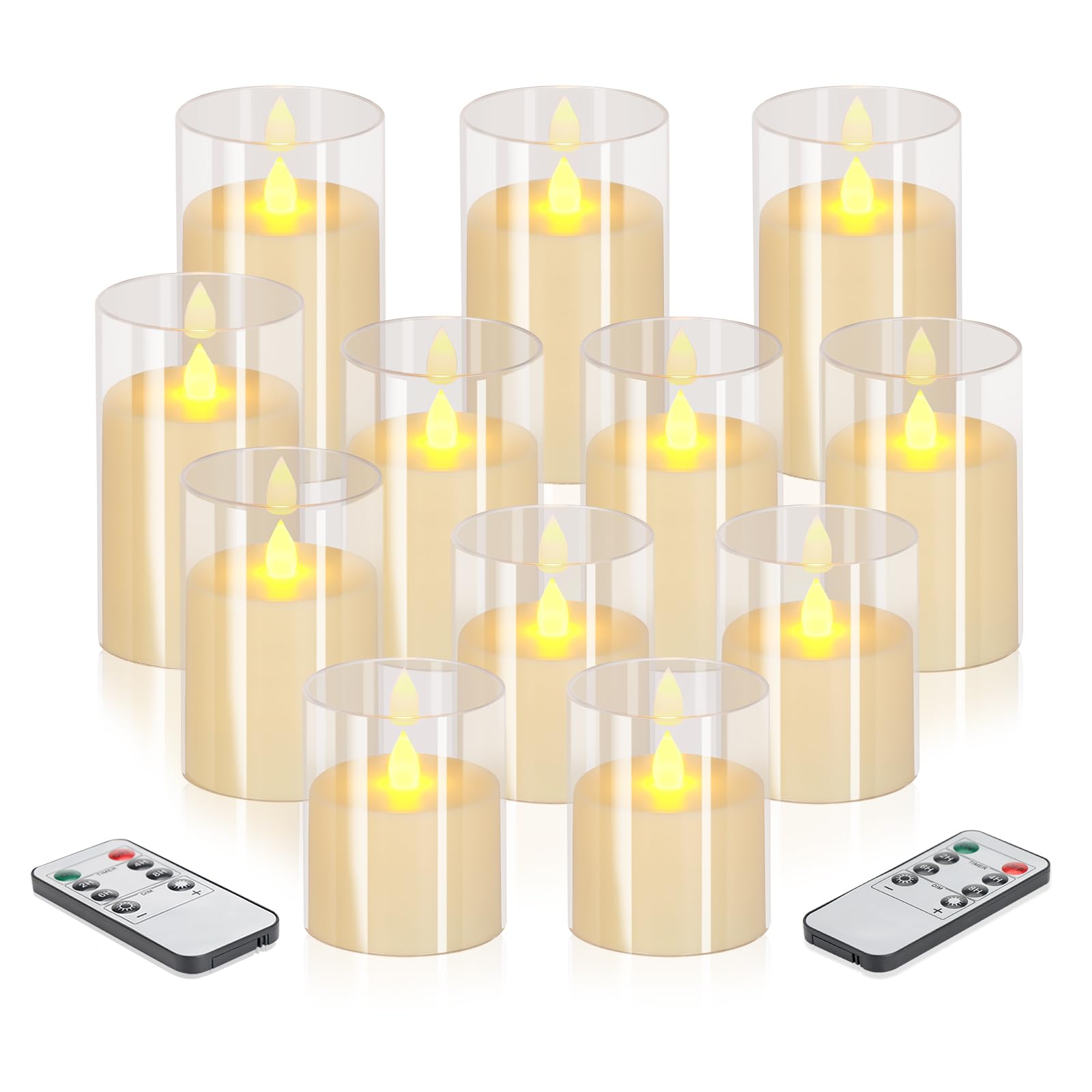 wemarry Flameless Candles 4" 5" 6" Acrylic Glass Pillars 3" Diameter Battery Operated Flickering Candles Include 8-Key Remote with Timer Function 400+ Hours (Pure White, Warm Light 12 Pack)