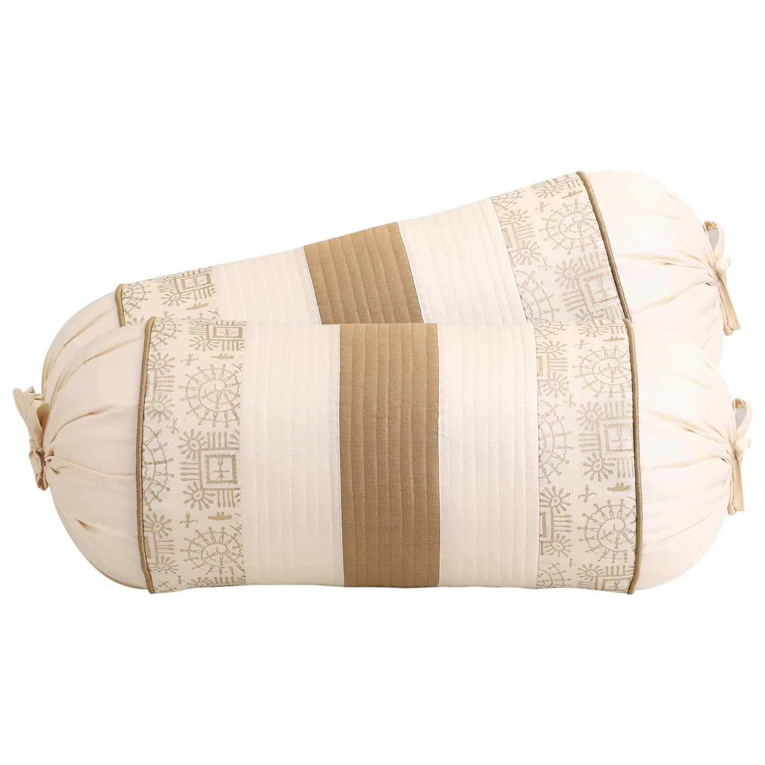 Set of 2 Polyester Silk Traditional Hand-Block Printed & Striped Bolster Covers 16 inch x 30 inch (40 x 75 cm, Beige) for Living Room Bedroom, Stylish & Modern Covers-picture-37