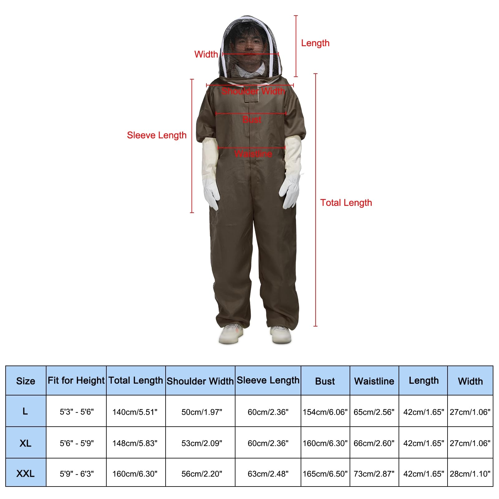 QUARKZMAN Tuta da Apicoltore per Uomo e Donna XL con Guanti e Velo (Giacca, Pantaloni, Guanti) Tute da Apicoltore per Adulti per Principianti e Professionisti, Caffè