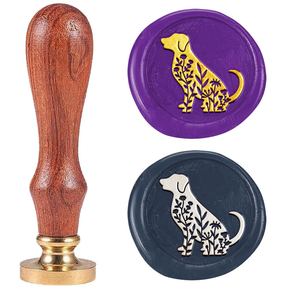 DELORIGIN Wildflowers Dog Wax Seal Stamp 1" Vintage Animals Sealing Stamps Removable Brass Head Seal Stamp with Wooden Handle for Envelope Greeting Card Invitations Wine Gift Wrapping