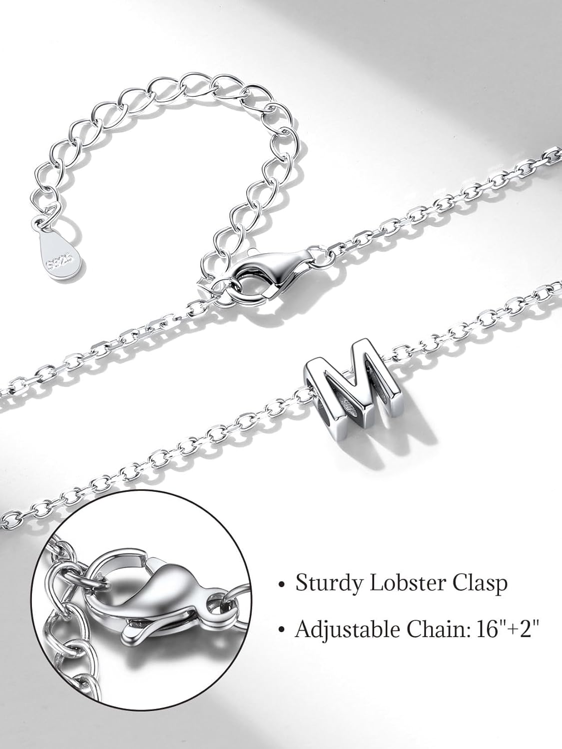 SILVERCUTE Valentines Day Gifts for Her - Small 925 Sterling Silver Initial Necklace for Women,Tiny Silver Initial Pendant Tiny Letter Necklace with Adjustable Chain,16"-18" - Image 7