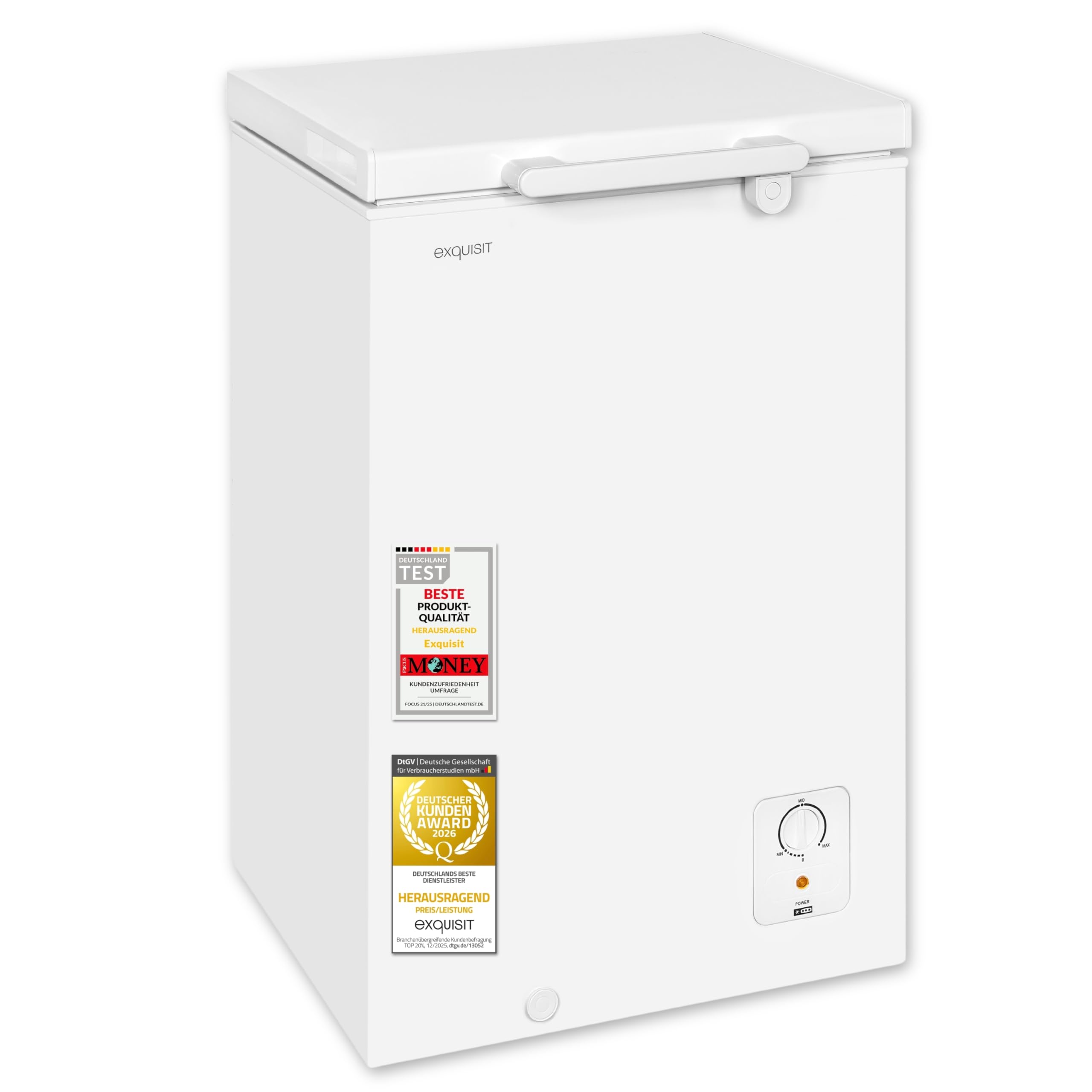 Exquisit Gefriertruhe | 95 l Nutzinhalt, Energieklasse E, 40 dB Geräusch | 4,8 kg/24h Gefriervermögen, 16 Std Lagerzeit bei Störung, manuelle Temperaturregelung, Gefrierkorb | GT5100-010E weiss