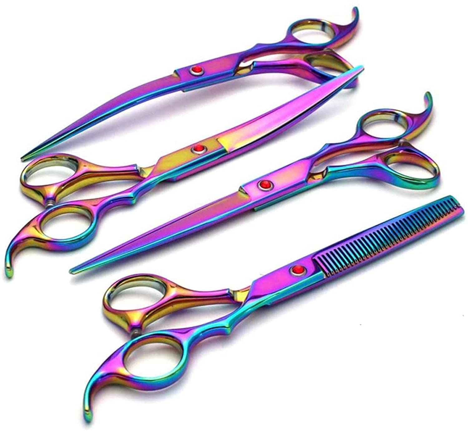 Tijeras Peluqueria Canina, Traje de tijeras curvas de acero inoxidable de 7 pulgadas de arco iris con unas tijeras de adelgazamiento curvado y conjunto de peine de acero