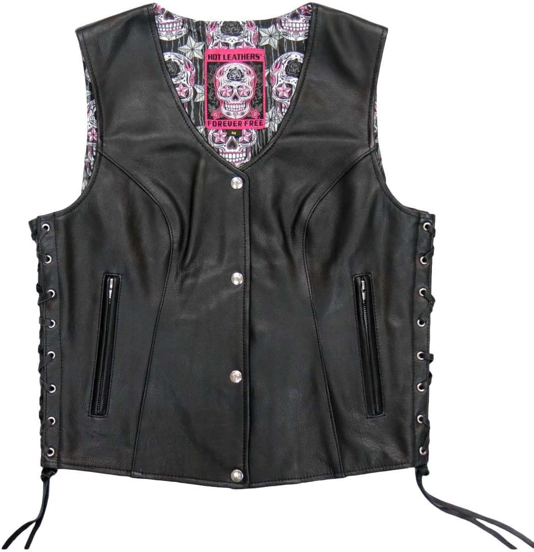 Hot Leathers VSL1017 Ladies 'Sugar Skull' Lined Black Leather MC Vest