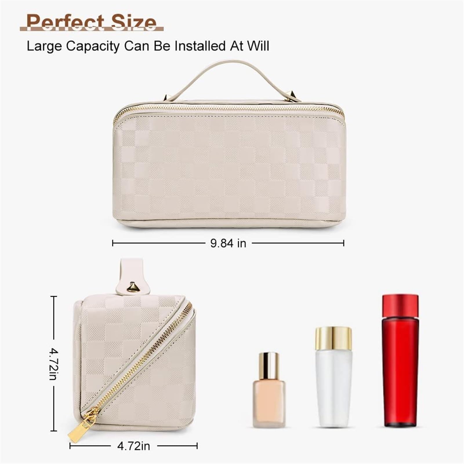 Borsa per Cosmetici Borsa for Cosmetici da Viaggio Borsa for Trucchi Scozzese A Quadretti Borsa Portatile in Pelle con Manico E Scomparti Borsa da Trucco(White)