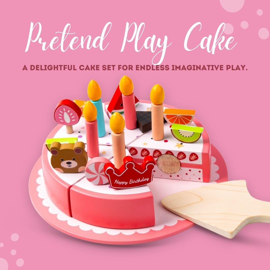 Cots and Cuddles Wooden Birthday Cake Pretend Play Set for Kids | 6 Slice Cuttable Cake with Candles, Toppings & Server | Imaginative Role Play Toy for Toddlers Age 3+ - Image 2 thumbnail