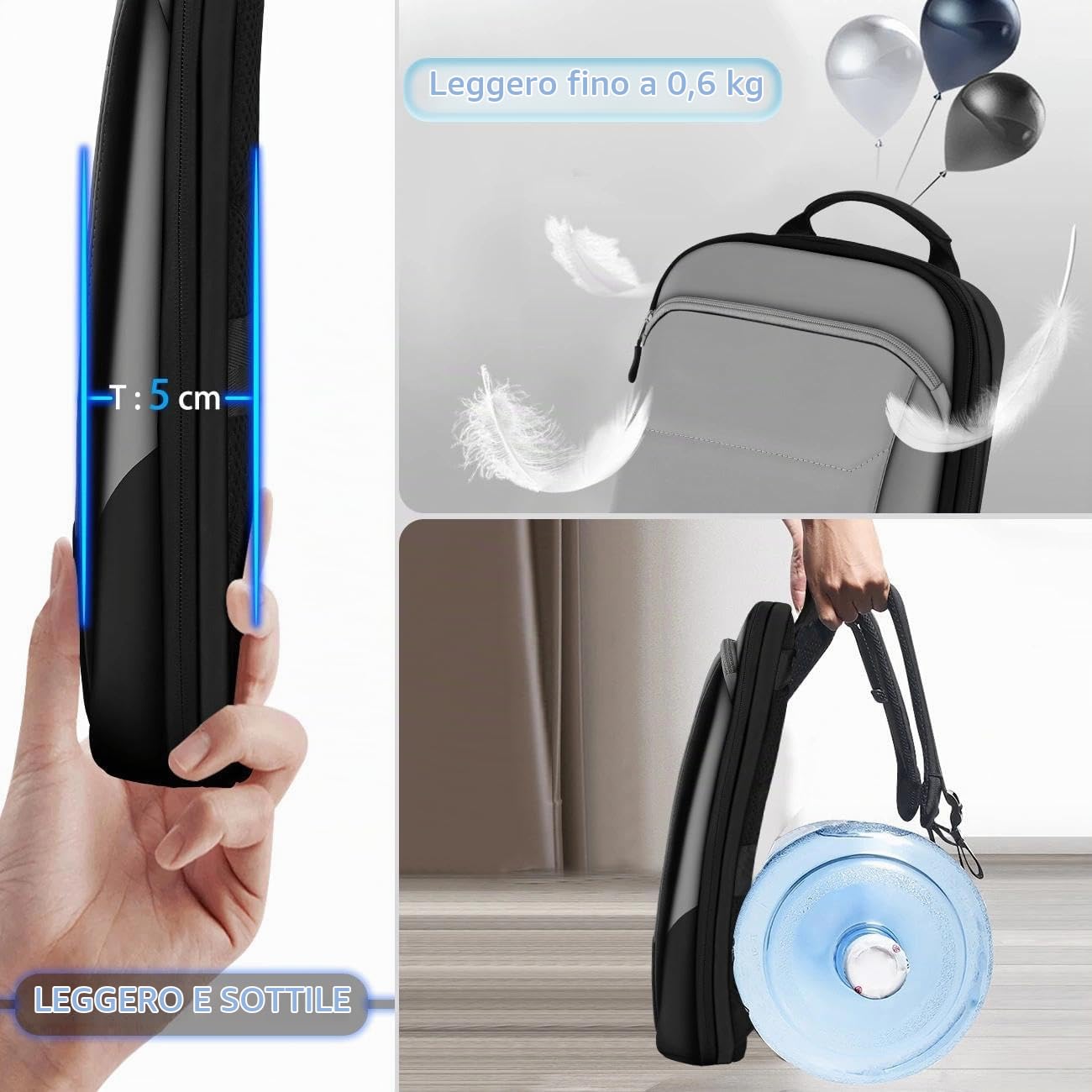 17" Zaino PC Portatili Sottile ed Espandibile Zaino da Viaggio Antifurto Impermeabile Zaino per Laptop con Porta USB per Lavoro Scuola Viaggio Uomo Donna，Nero Bordo grigio