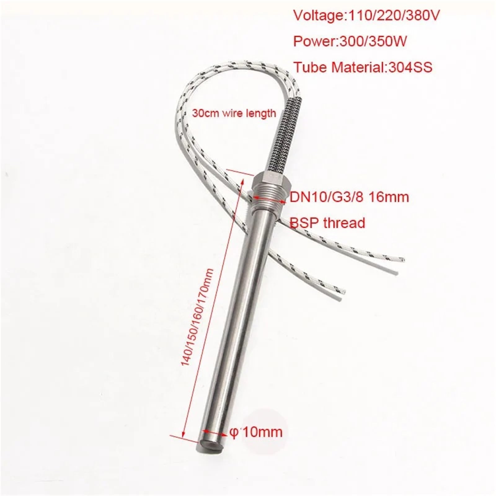 110V/220V/380V Heizung DN10 G3/8 Gewinde Tauchheizelement 10x140/150/160/170MM 300W 350W 1St(110V,DN10 10x150mm 350W)