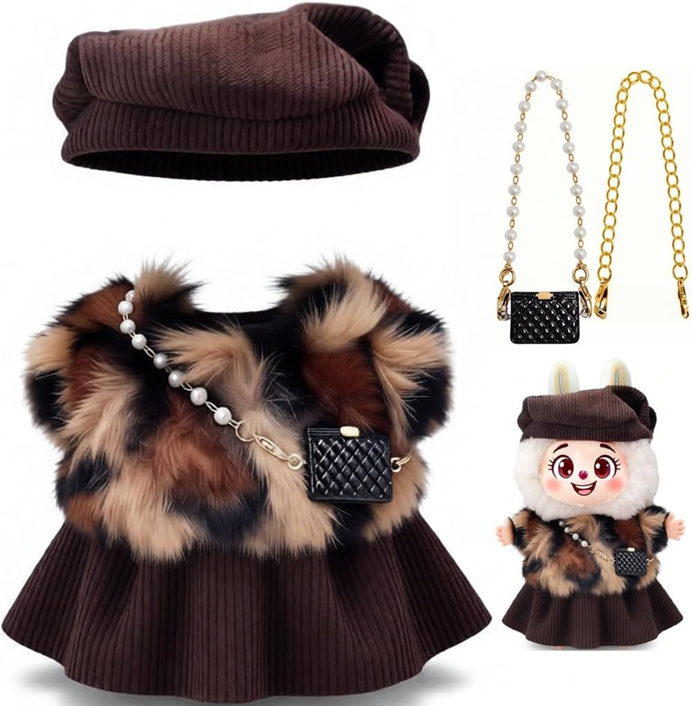 17cm Doll Clothes, 17cm Dolls Outfit and Accessories with Brown Corduroy Beret, Skirt, Faux Fur Coat, Gold Chain Pearl Necklace, Mini Purse (No Doll) (Leopard)