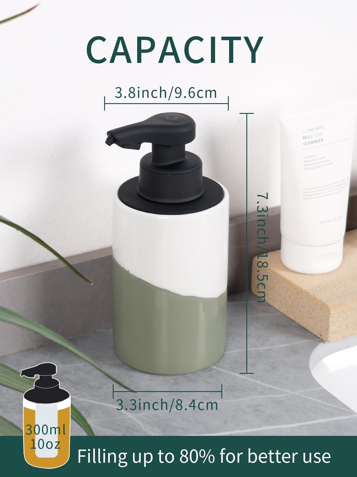 BosilunLife Dispenser automatico di sapone in ceramica a mano libera con pompa impermeabile ricaricabile Smart Electric Lotion Soap Dispenser Touchless Dispenser di sapone per piatti (bianco-verde,