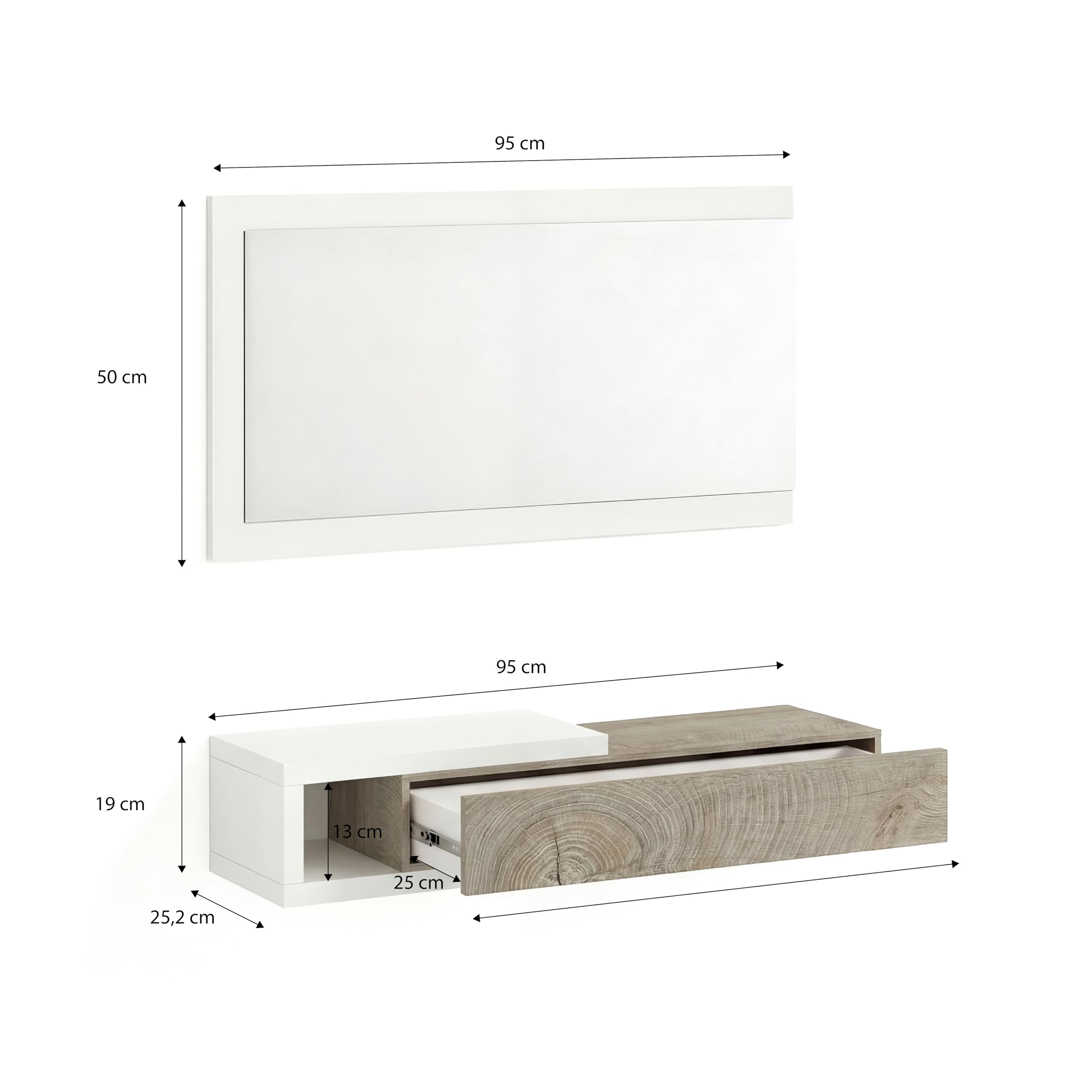 duehome | Recibidor con Cajon y Espejo, Mueble de Entrada, Modelo Derek, Acabado en Blanco Artik y Roble Alaska, Medidas: 95 cm (Ancho) x 19 cm (Alto) x 25,2 cm (Fondo)