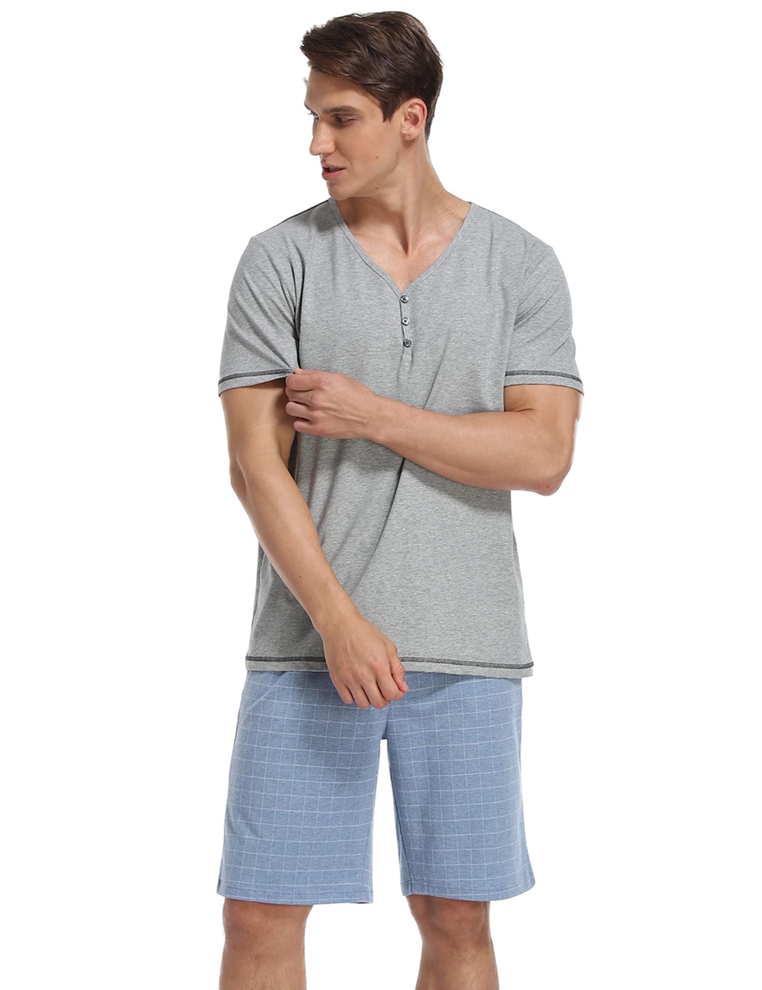COLORFULLEAF Herren-Pyjama-Set, 100 % Baumwolle, kurzärmelig, Knopfleiste, gekerbter Kragen, Nachtwäsche, weicher Lounge-Pyjama mit Taschen