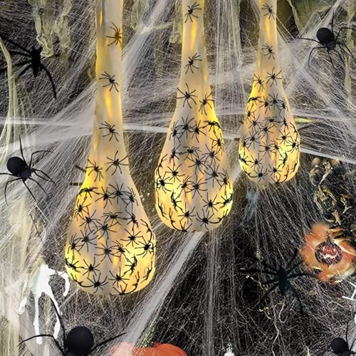 Ragnatele di Halloween, Ragnatela Di Halloween Bianca Da 3 pezzi Con 60 Ragni Neri Spaventosi,Ragnatele Elastiche decorazioni halloween esterno, Per La Decorazione Della Casa Stregata,Scena Spaventosa
