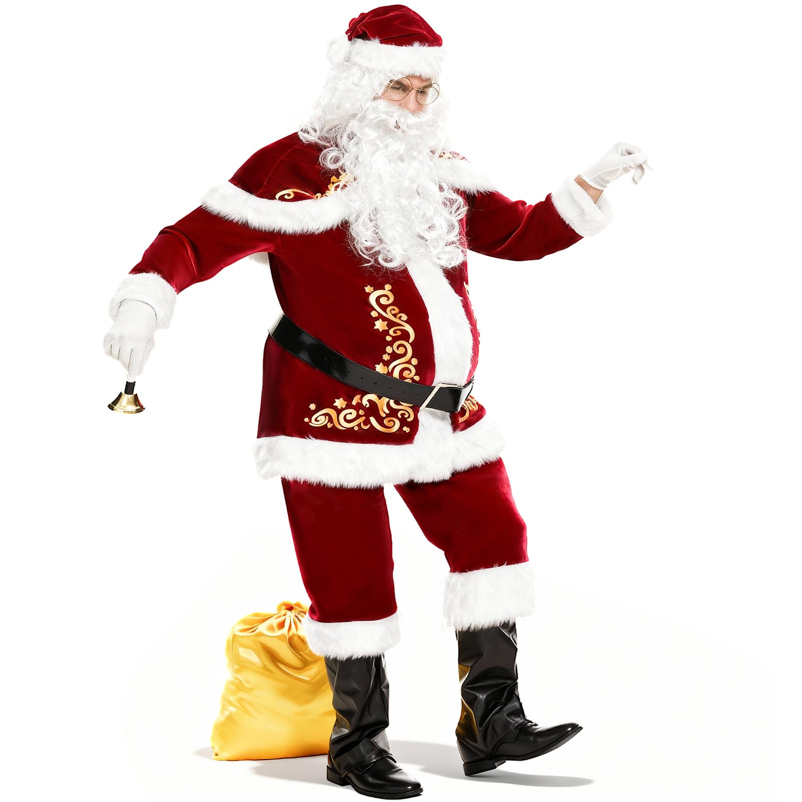 Ulikey Costume Pere Noel Homme, 15 Pièces Deguisement Pere Noel Adulte Tenue Pere Noel Homme Set avec Ensemble Complet Accessoires de Père Noël pour Noël, Carnaval