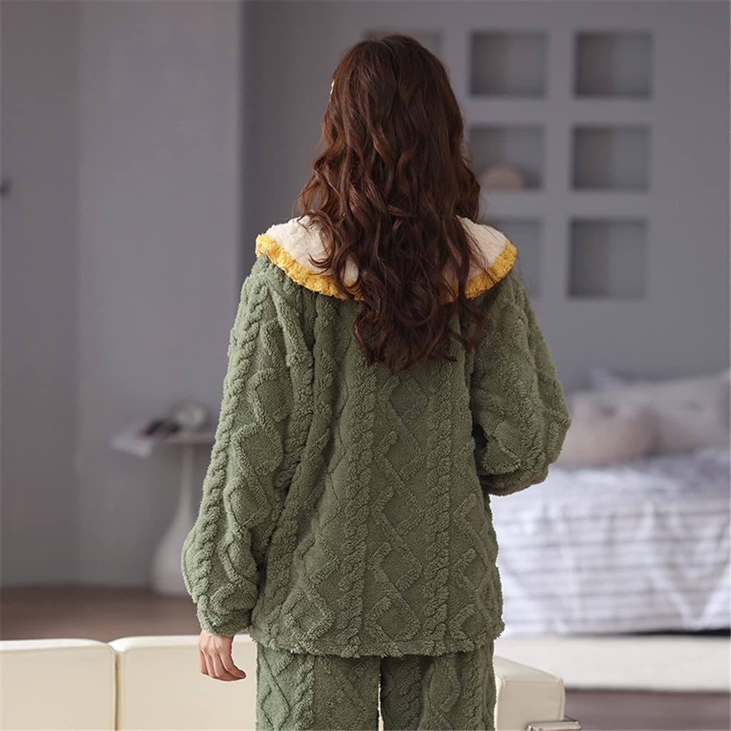 Tragen Sie warme und plüschige Herbst- und Winterpyjamas Damen-Hauskleidung Flanell-Pyjama-Set (Color : Green, Size : L Code)