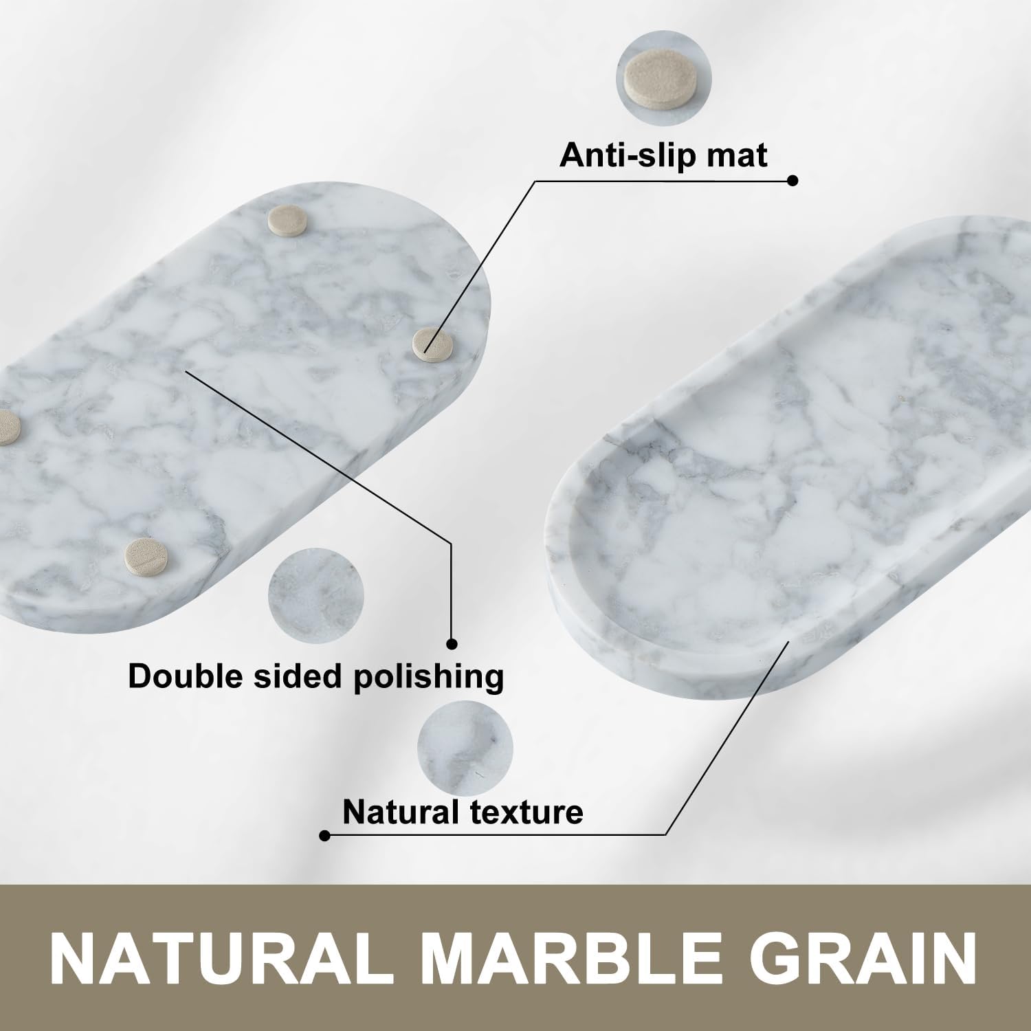 Natural Marble Vanity Set - 2 Piece Bundle: Oval Marble Tray + Square Marble Makeup Brush Holder, Decorative Organizer for Bathroom, Dresser, Home Decor image 5