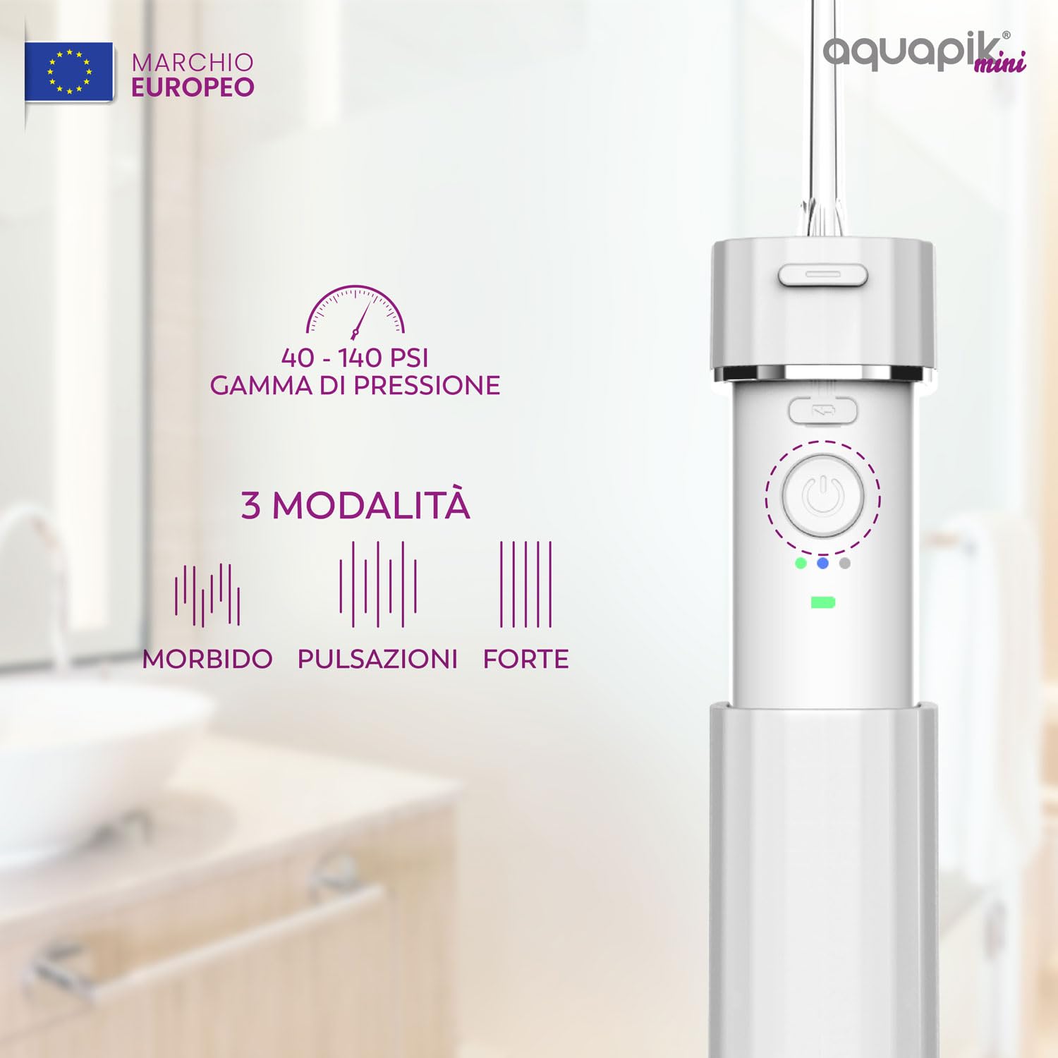 Idropulsore dentale portatile AQmini - 3 modalità, 4 ugelli, serbatoio 200 ml, USB-C, IPX7, compatto per viaggio, ufficio, gengive sensibili