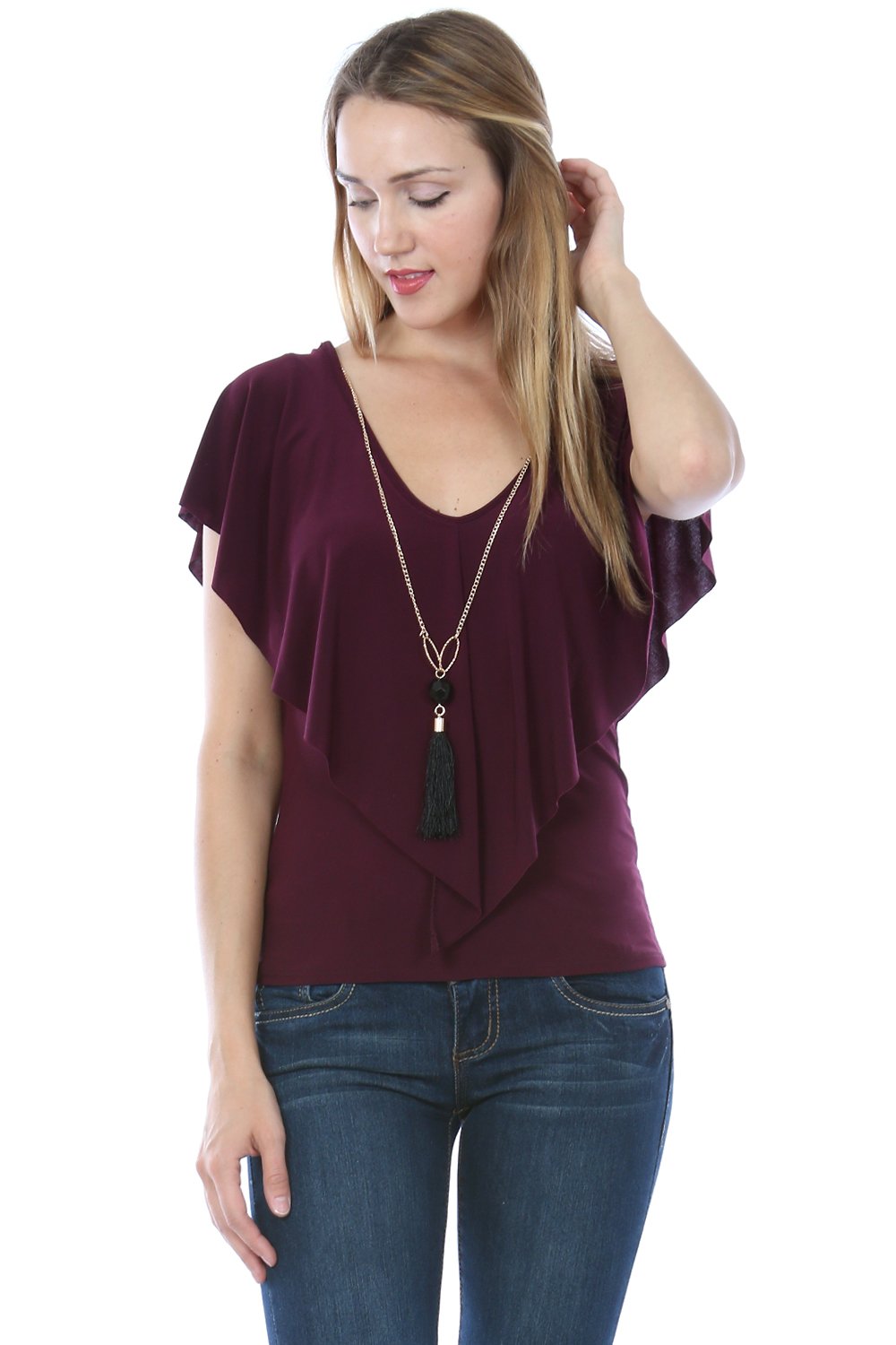 Bequzz Made in USA Juniors Short Sleeves Tiered V Neck Ruffle Top with Detachable Necklace