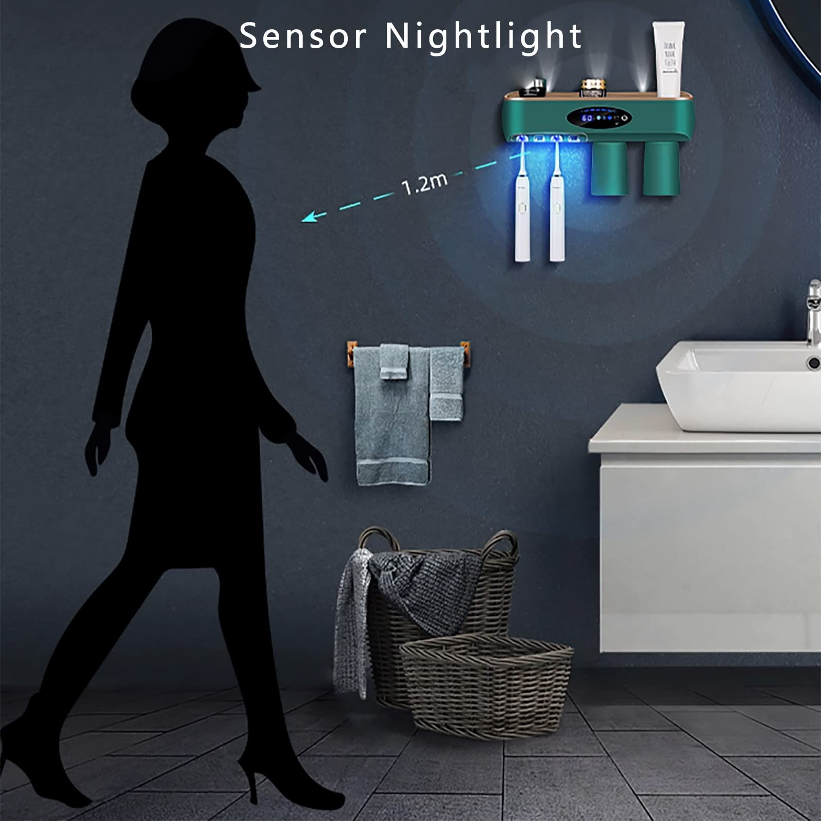 Porta Cepillo de Dientes, Soporte Cepillo de Dientes con Función Esterilizador Secado, LED Estuche Cepillo Dientes con Luz Nocturna, Organizador Baño USB Recargable Verde