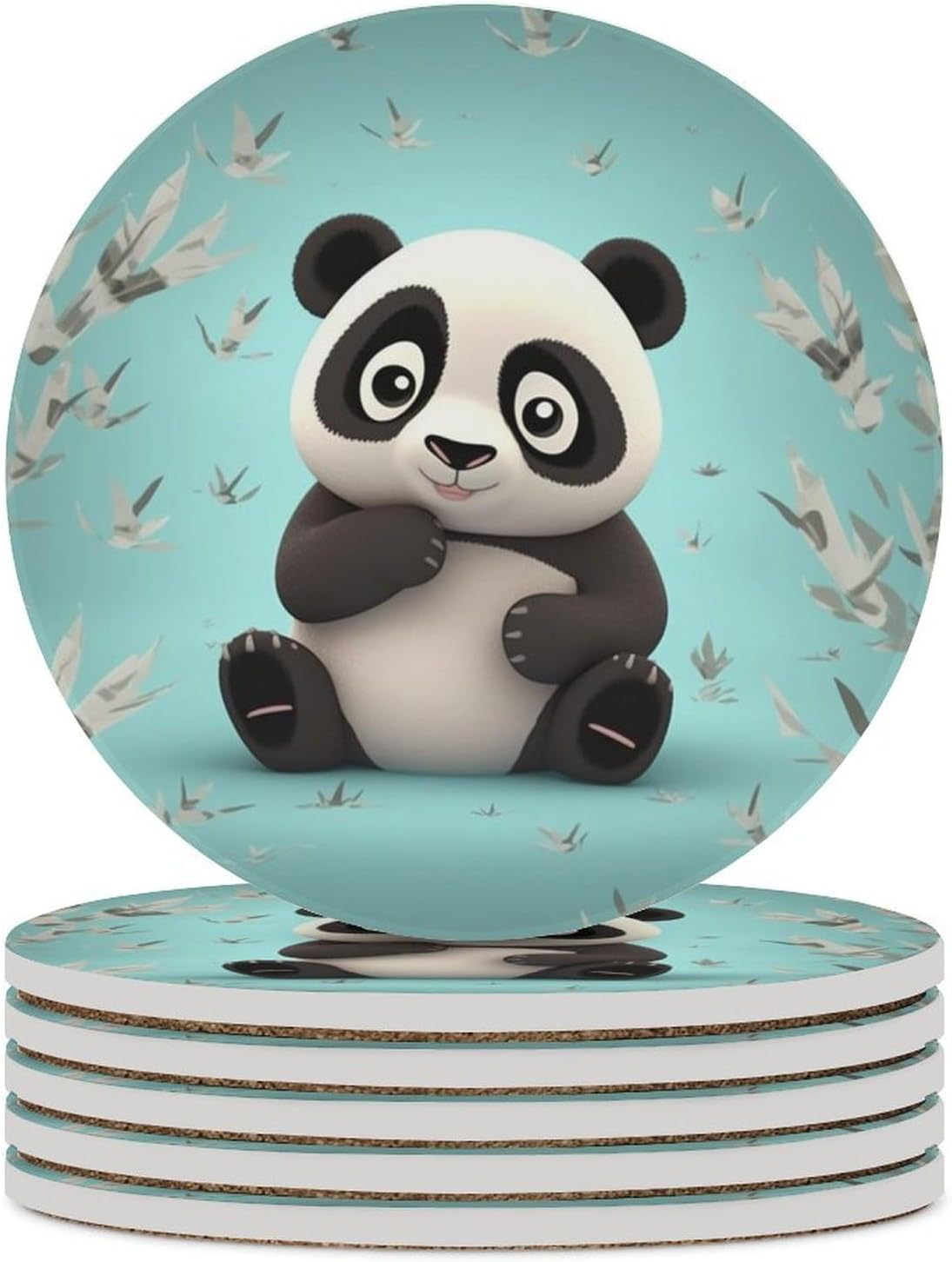 6PCS Panda Star Coasters Non-Slip Round Drink Coasters with Ceramic Stone and Cork Base, Heat Resistant Absorbent 33.00Stone Coaster Set for Kinds of Mugs and Cups, 4 Inch