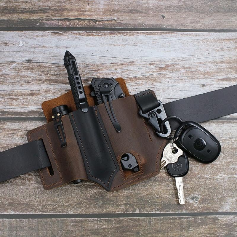 Miniatura 4 de Funda y funda multiherramienta de cuero  Bolsa de cinturón EDC para linterna, bolígrafo, llaves  Organizador hecho a mano para camping, senderismo y