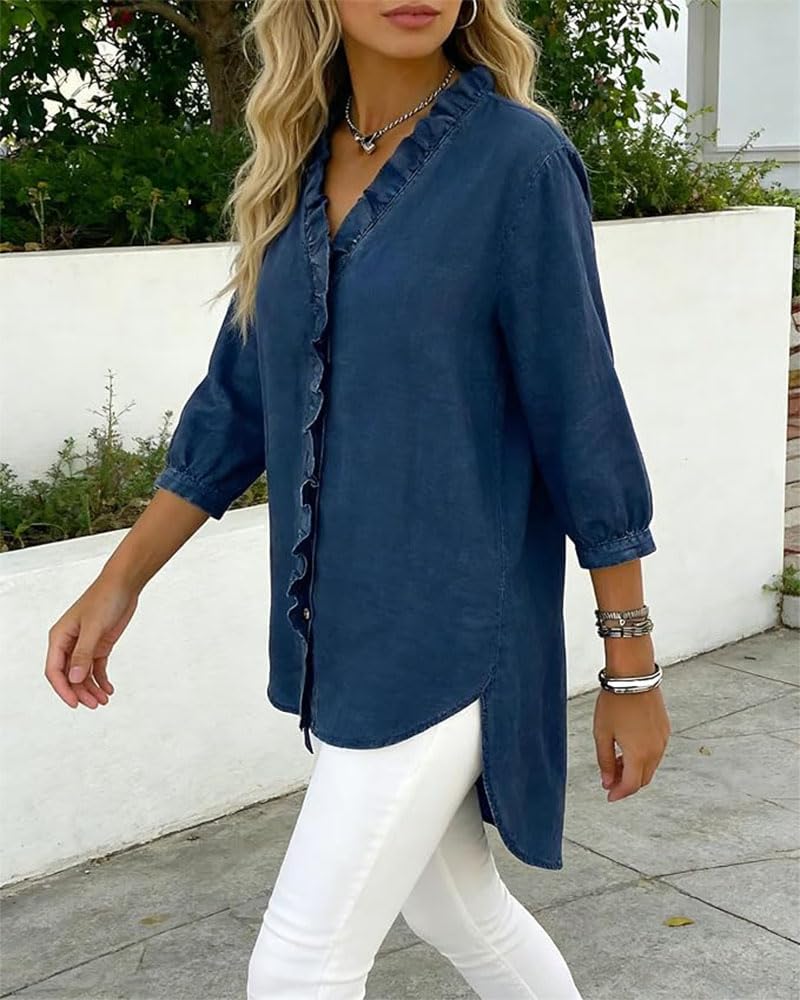 Camisa Vaquera con Volantes y Cuello V, Manga 3/4 Suave con Dobladillo Asimétrico para Primavera