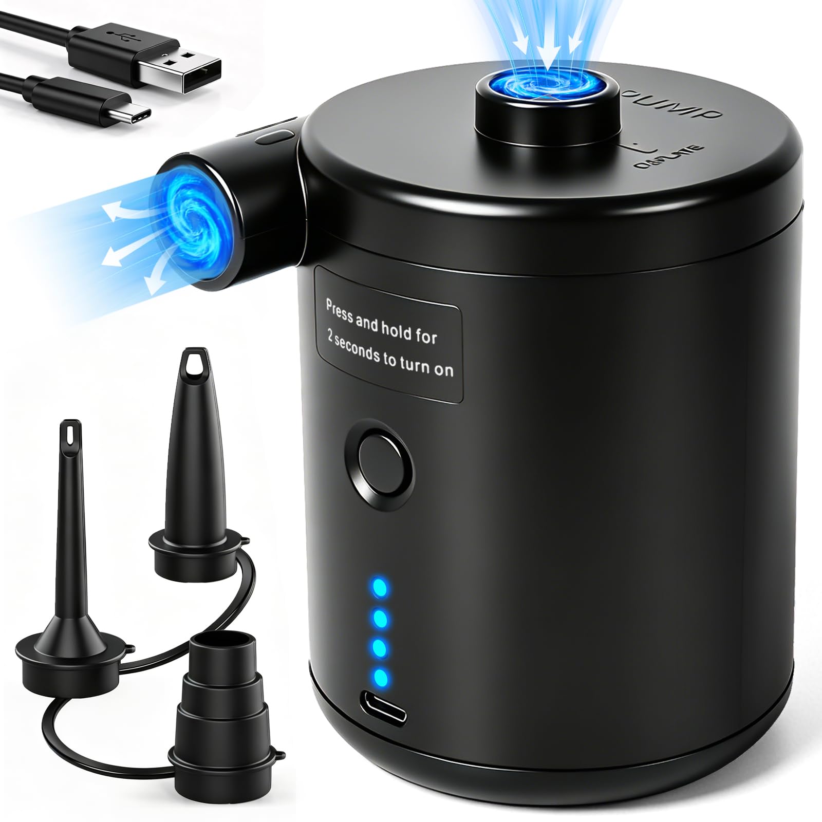 PATEMZON Pompa Elettrica, Pompa Elettrica per Materasso Gonfiabile, 4000mAh Gonfiatore Elettrico Portatile con 3 Ugelli, Gonfiare e Sgonfiare, per il Campeggio All'Aperto, Materasso Ad Aria