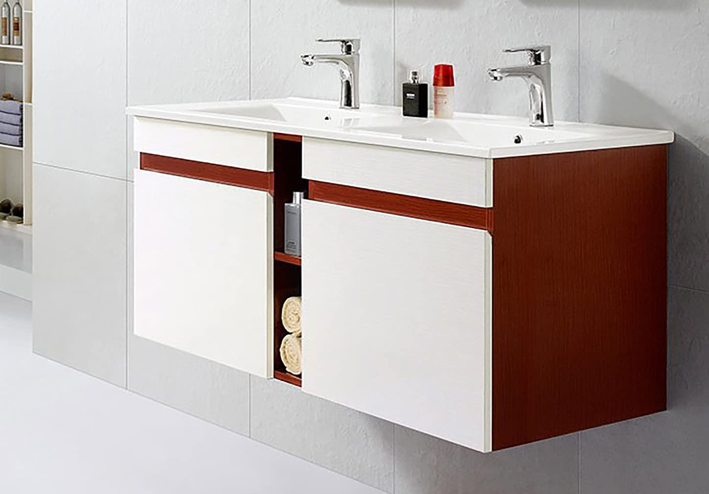 Lavabo Encimera Cerámico Doble Seno | Lavabo sobre Encimera Rectangular | Pila Lavamanos 121x46 cm | Compatible con Mueble de Baño 120x45 cm, 2 lavabos Integrados, Rebosadero, Orificio Grifo