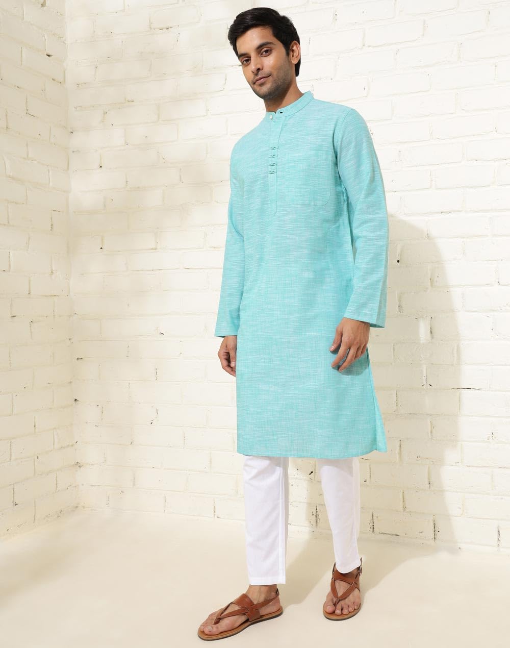 Fabindia Men's Cotton Woven Slim Long Kurta (1038412Teal_Teal