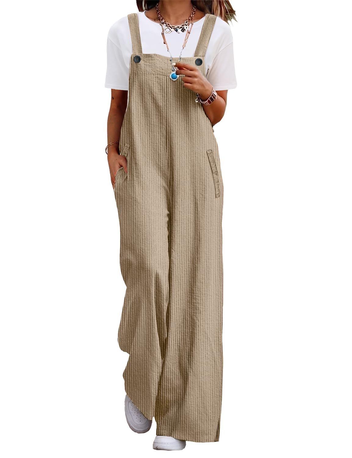 YESNO Women's Casual Corduroy Overalls Adjustable Straps Baggy Pants Wide Leg Jumpsuits with Pockets PC2