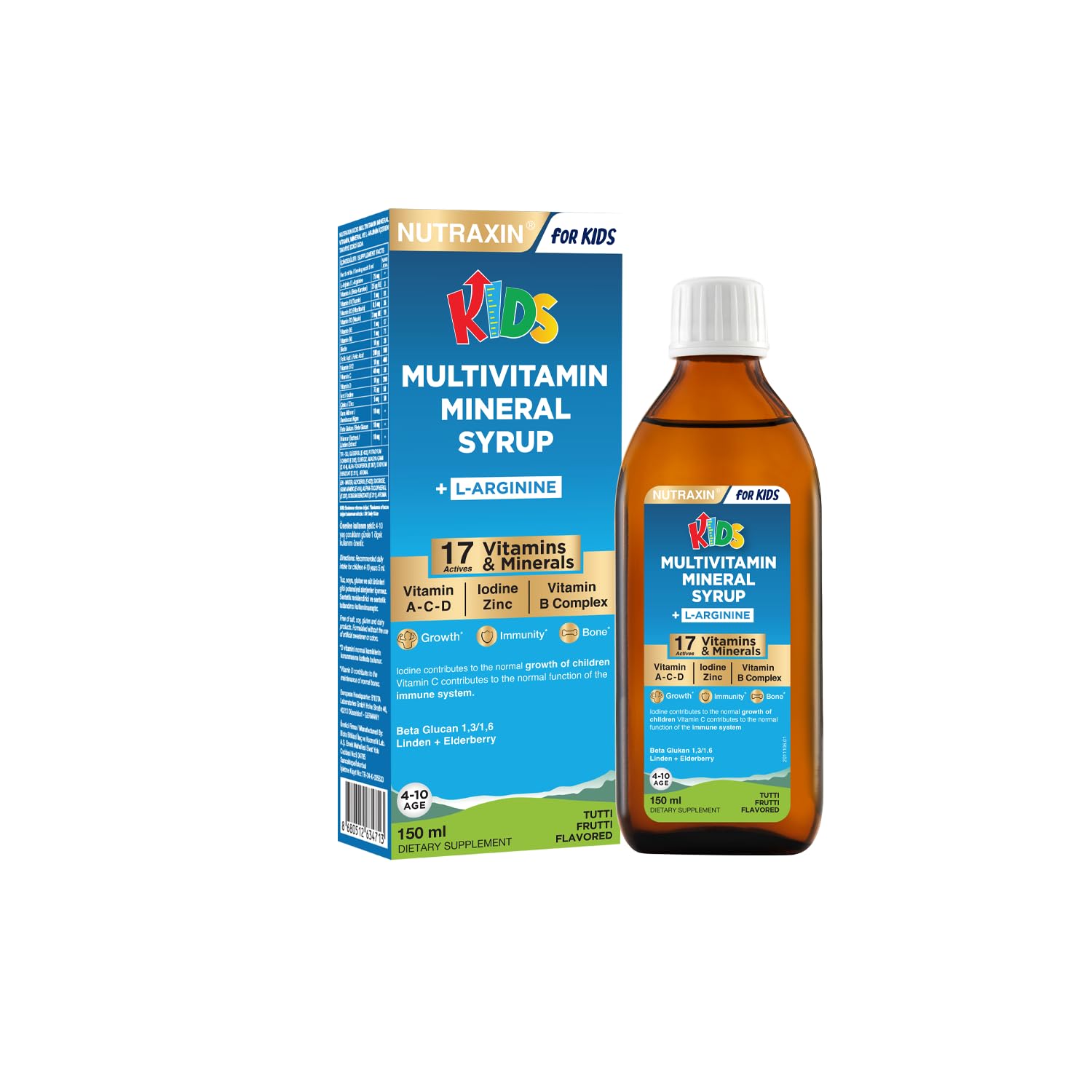 Nutraxin Kids Multivitamin Mineral Şurup 150 ml – 17 Vitamin ve Mineral, L-Arjinin, Kara Mürver, Beta Glukan, Çocuklar İçin Bağışıklık ve Gelişim Desteği