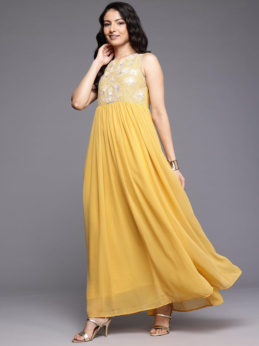 Varanga Women Yellow Thread And Zari Embroidered Yoke, Gathered At Empired Line Long Dress