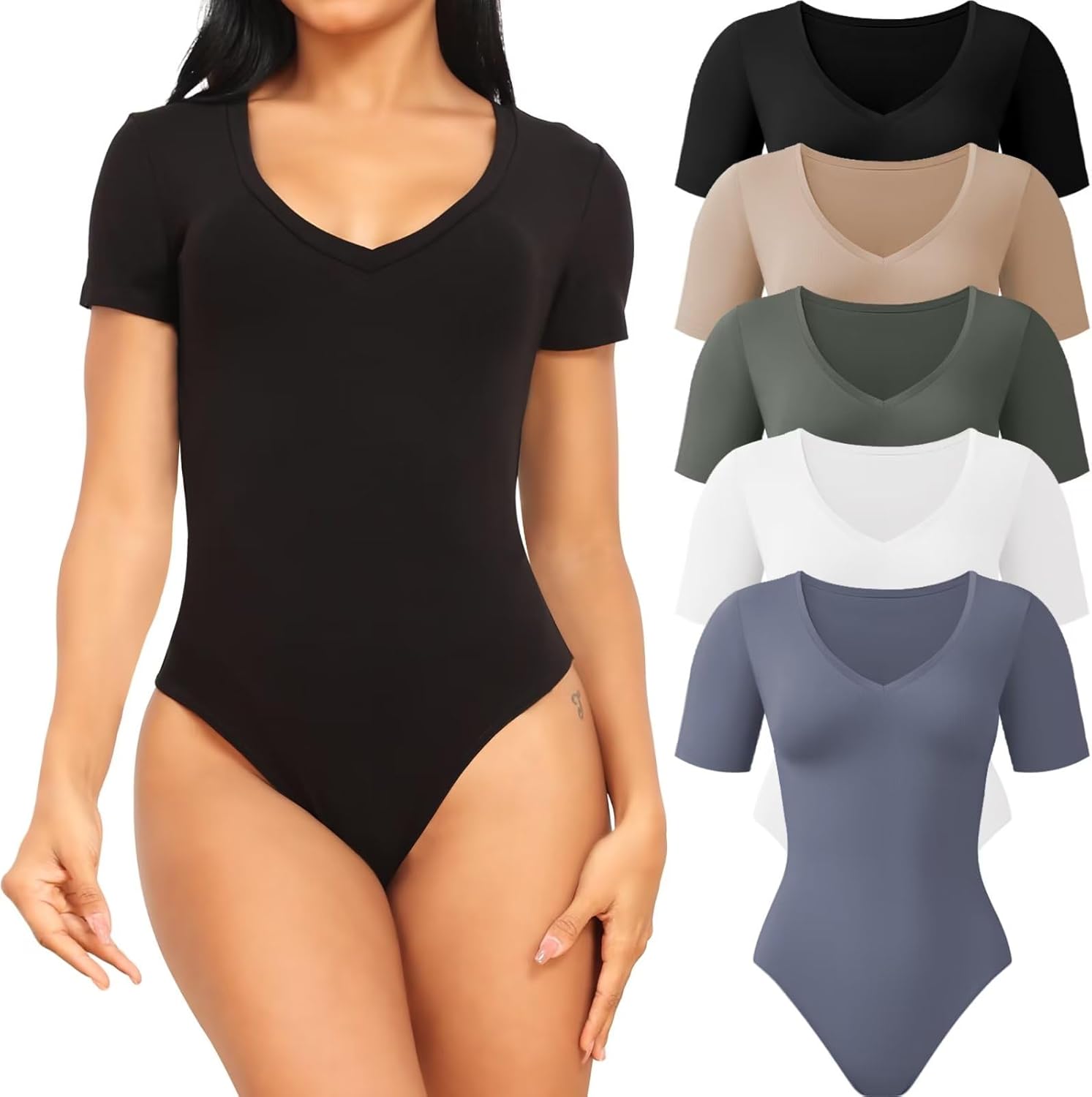 CE' CERDR 5 Pack Bodysuits for Women Short Sleeve Deep V Neck Tops T-shirt Bodysuit Casual Outfits