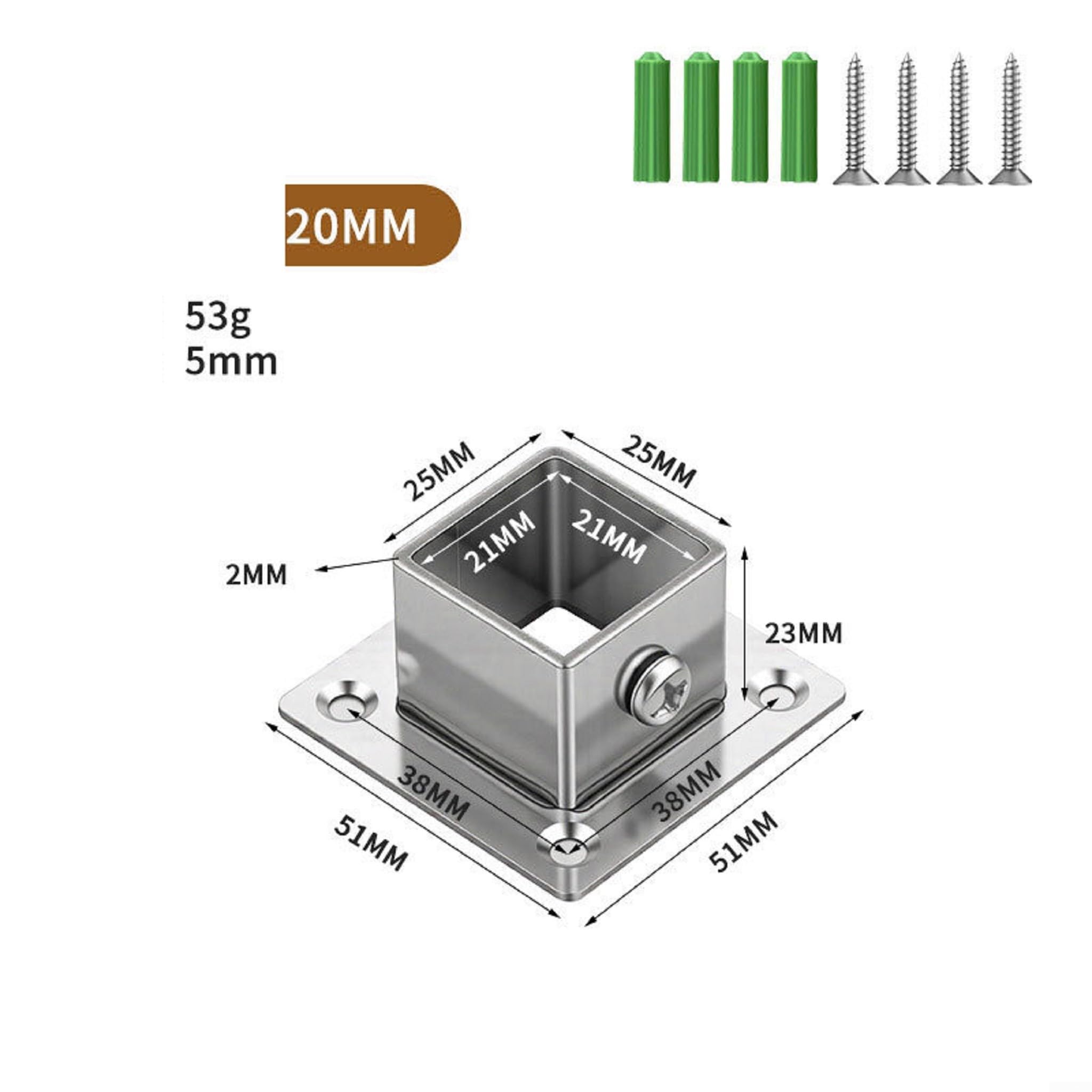 Conector para acero Tubo Cuadrado 20mm Base Brida Conector para(40MM 10pcs)